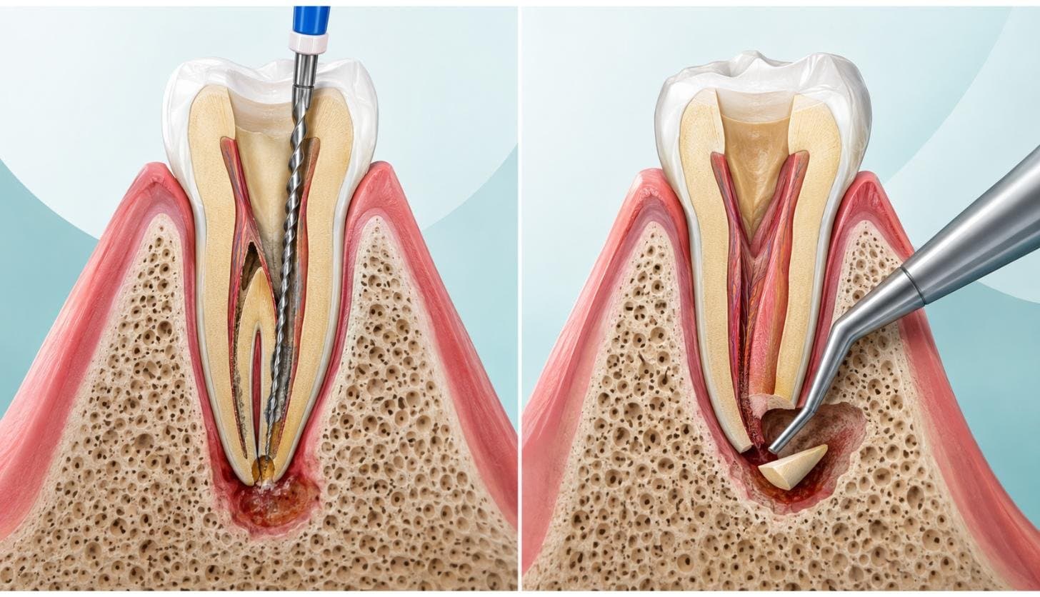 Cross-section illustration comparing root canal retreatment and apicoectomy surgery