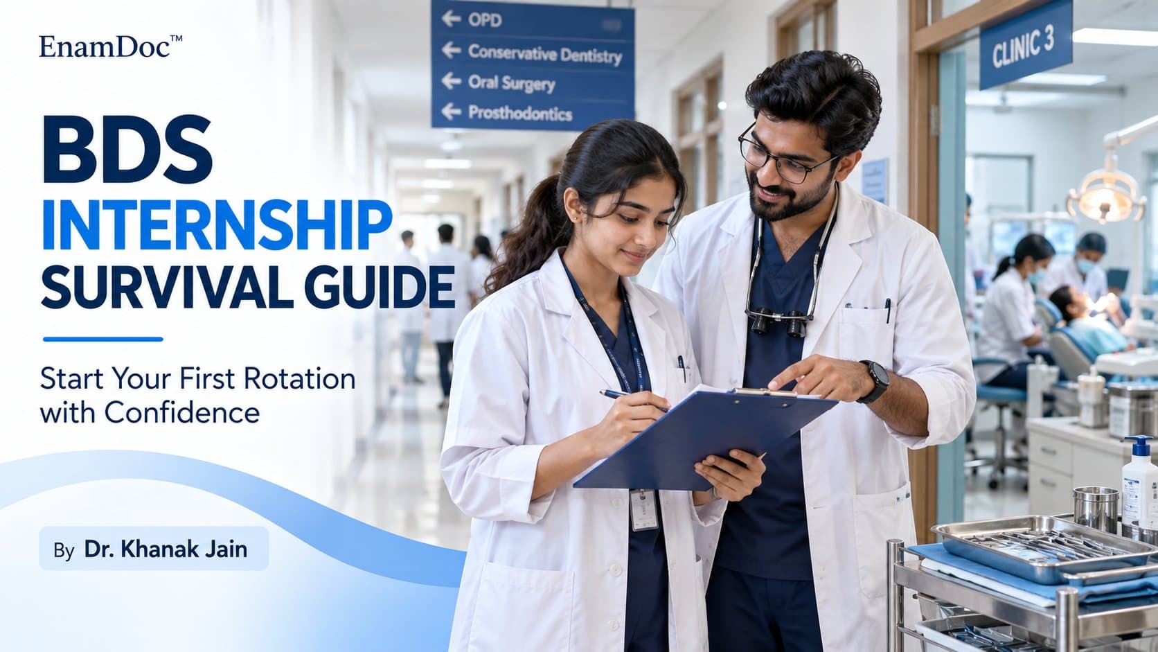Dental intern reviewing a clipboard with a senior clinician in a dental teaching hospital corridor.