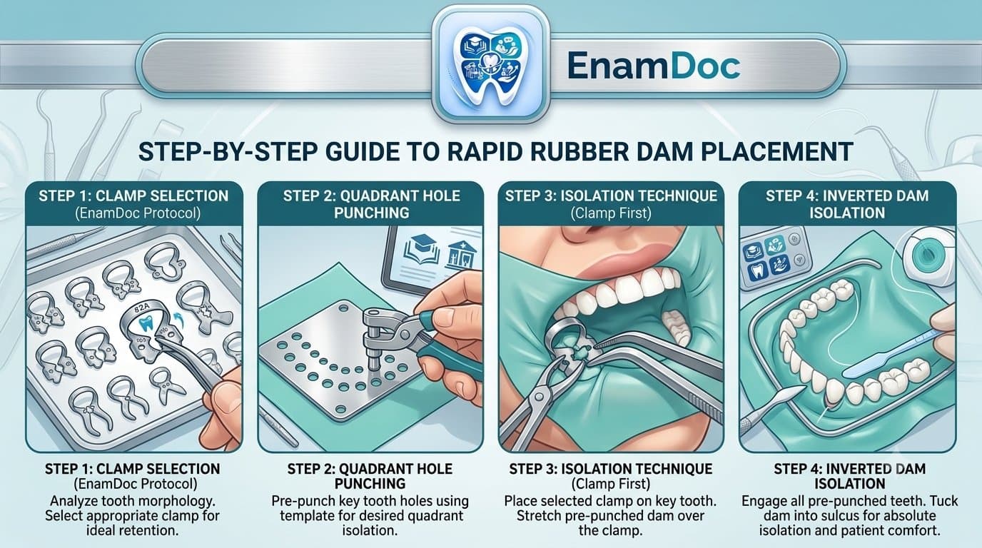 Step-by-step clinical guide to rapid rubber dam placement showing clamp selection, quadrant hole punching, and inverted dam isolation with the EnamDoc logo.