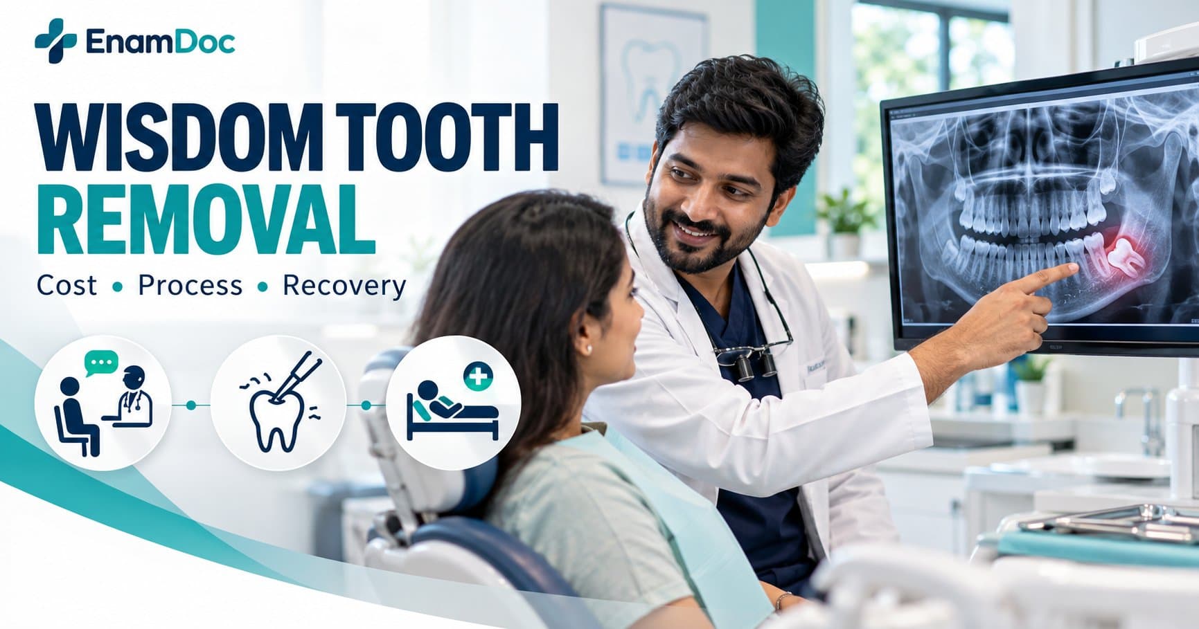 Dentist pointing out a wisdom tooth on a panoramic dental X-ray while explaining it to a patient.