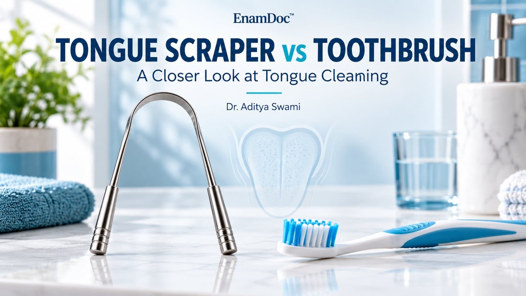 Stainless steel tongue scraper and manual toothbrush displayed side by side with a subtle tongue illustration.