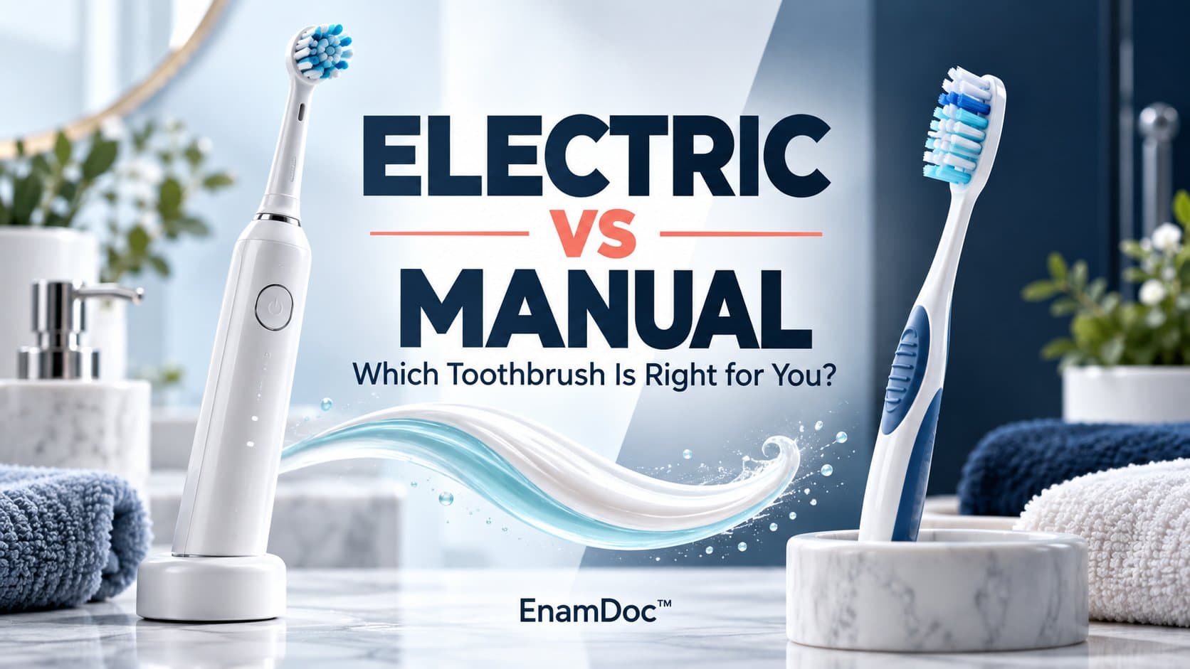 Electric and manual toothbrushes displayed side by side against a clean blue-and-white bathroom background.