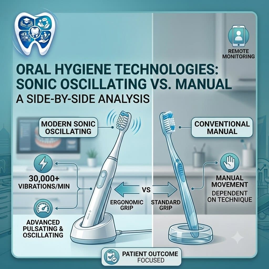 Side-by-side comparison of a modern sonic oscillating toothbrush and a conventional manual toothbrush.