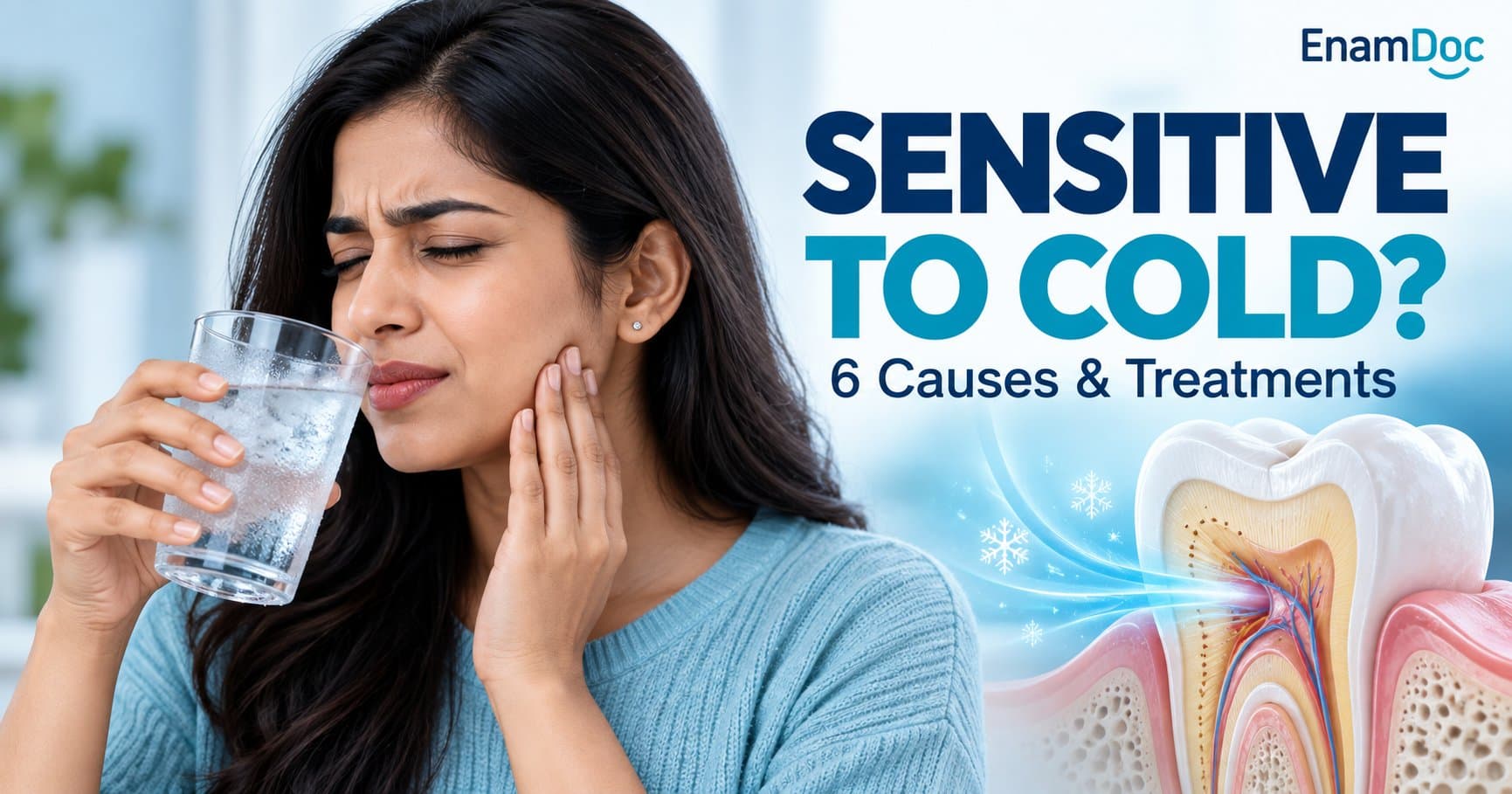 Woman reacting to cold water beside a tooth illustration showing sensitivity near the inner tooth tissue.