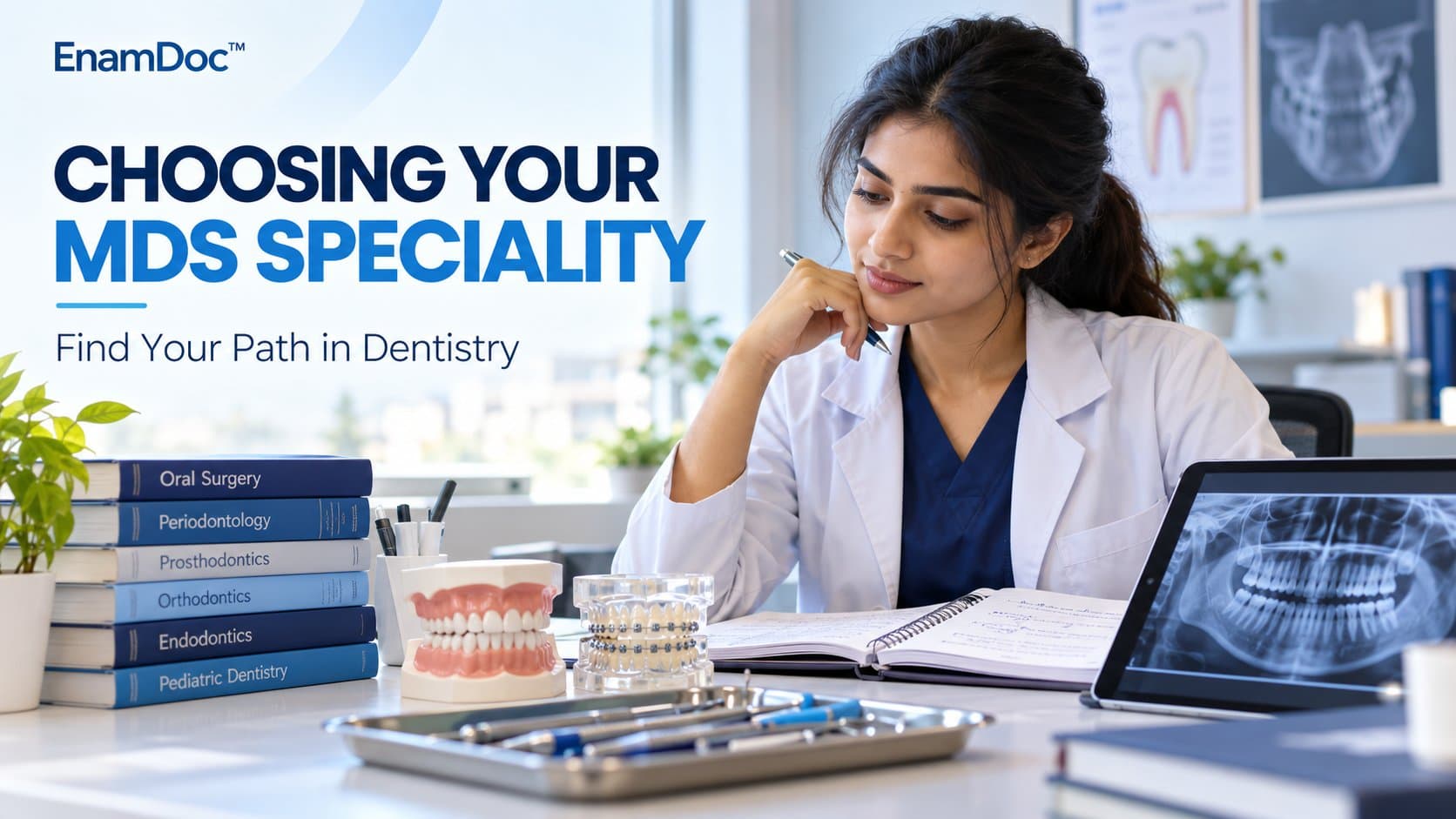 Dental graduate reviewing notes beside specialty textbooks, dental models, and an X-ray displayed on a tablet.