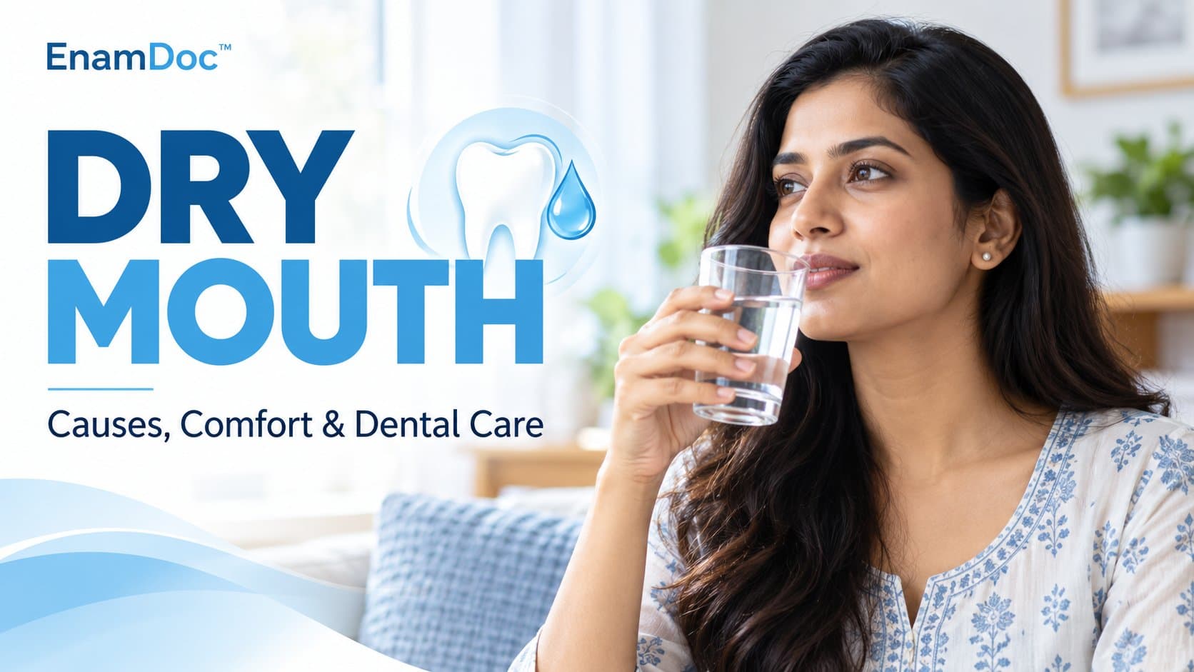 Woman holding a glass of water near her lips beside a tooth and water droplet illustration.