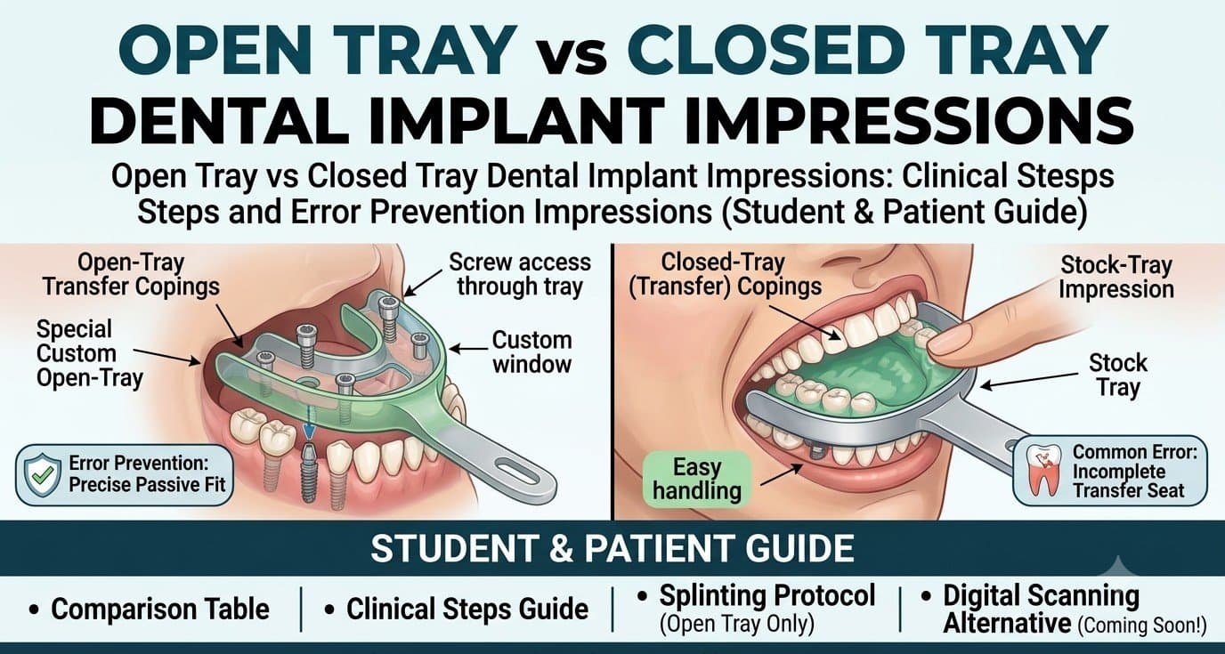 A comparative dental infographic titled 'Open Tray vs Closed Tray Dental Implant Impressions.' It features diagrams showing the split-panel anatomical process for both methods. The top left details the 'Custom Open-Tray' technique with 'Splinting,' emphasizing 'Precise Passive Fit.' The top right shows the simpler 'Stock Tray' method, noting 'Easy Handling' but warning of 'Incomplete Transfer Seat.' The bottom contains a 'Student & Patient Guide' comparing clinical steps, splinting protocols, and digital alternatives, crediting EnamDoc Editorial.
