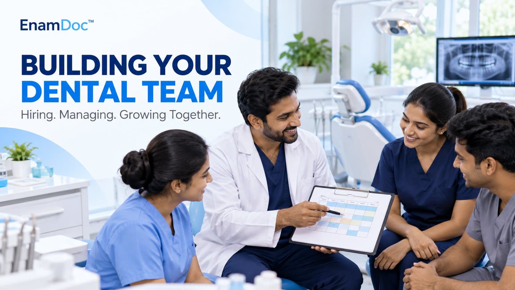 Dentist reviewing a staffing schedule with three team members in a modern dental clinic.