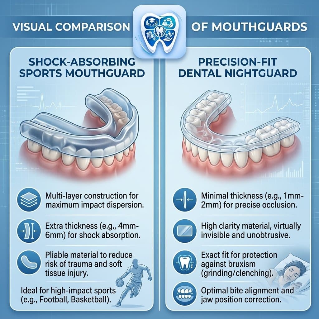Visual comparison of a thick shock-absorbing sports mouthguard and a precision-fit dental nightguard, featuring the EnamDoc logo.