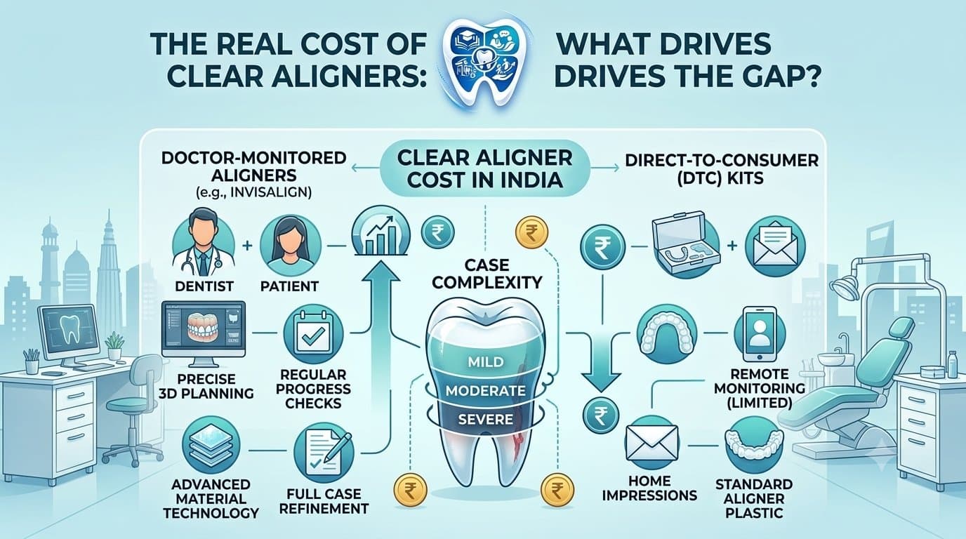 An educational infographic for EnamDoc explaining factors that drive the cost gap for clear aligners in India. The banner compares 'DOCTOR-MONITORED ALIGNERS (e.g., INVISALIGN)' showing precise 3D planning and progress checks, with 'DIRECT-TO-CONSUMER (DTC) KITS' showing home impressions and limited remote monitoring. A complex tooth model displays 'CASE COMPLEXITY' with Mild, Moderate, and Severe tiers, linking complexity to cost. Indian Rupees (₹) icons are integrated. The EnamDoc logo is at the top center.