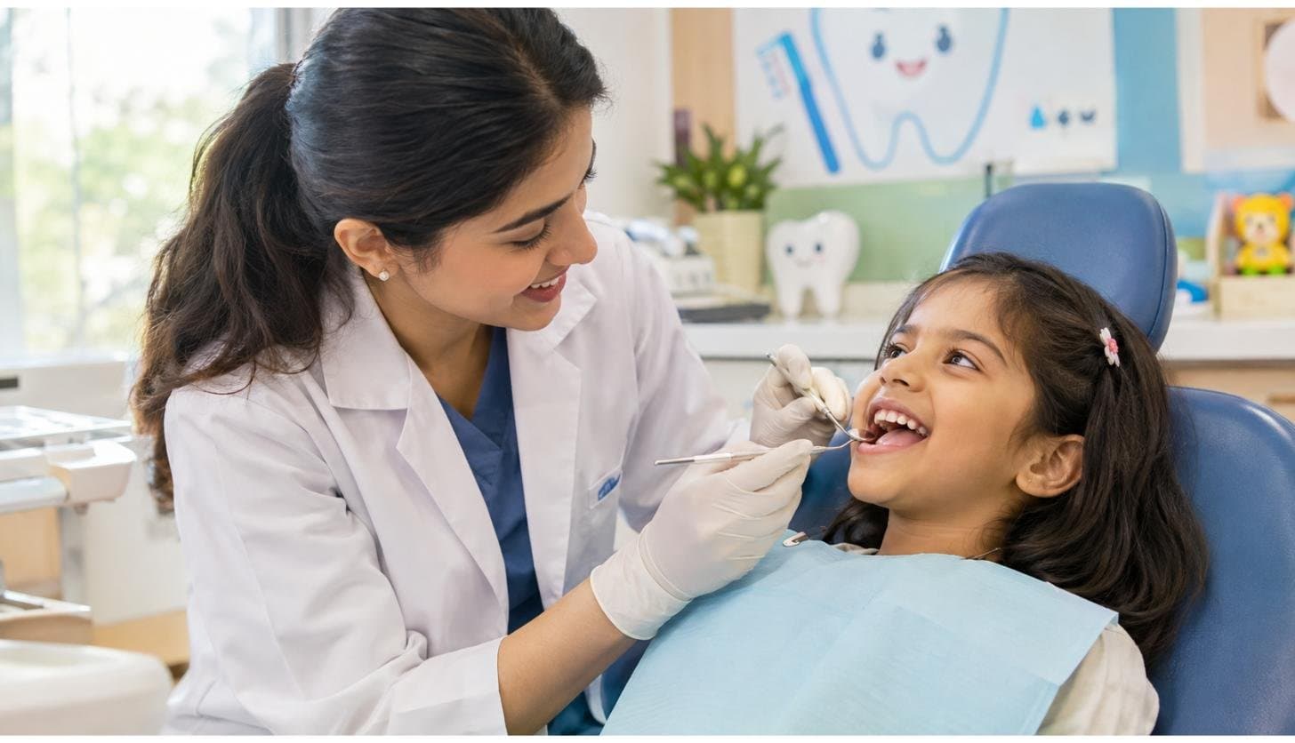 Pediatric dentist examining a smiling child's teeth during a routine checkup
