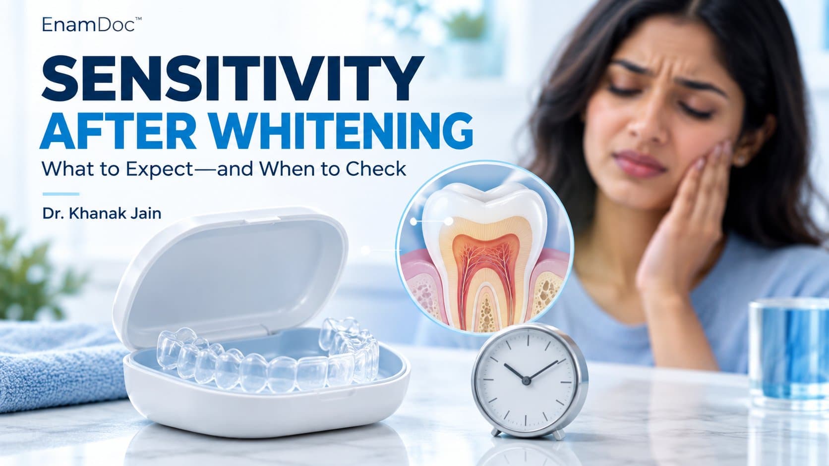Whitening tray, clock and tooth cross-section beside a woman touching her cheek in discomfort.