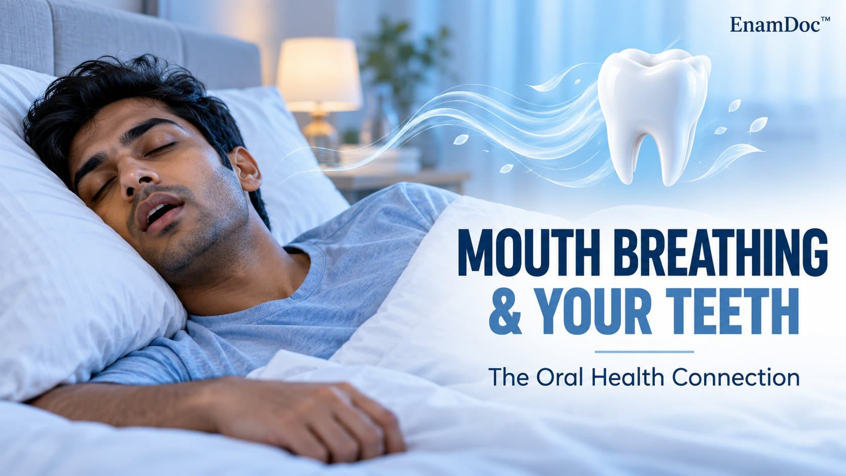 Man sleeping with his mouth open beside a tooth illustration and flowing air graphics.
