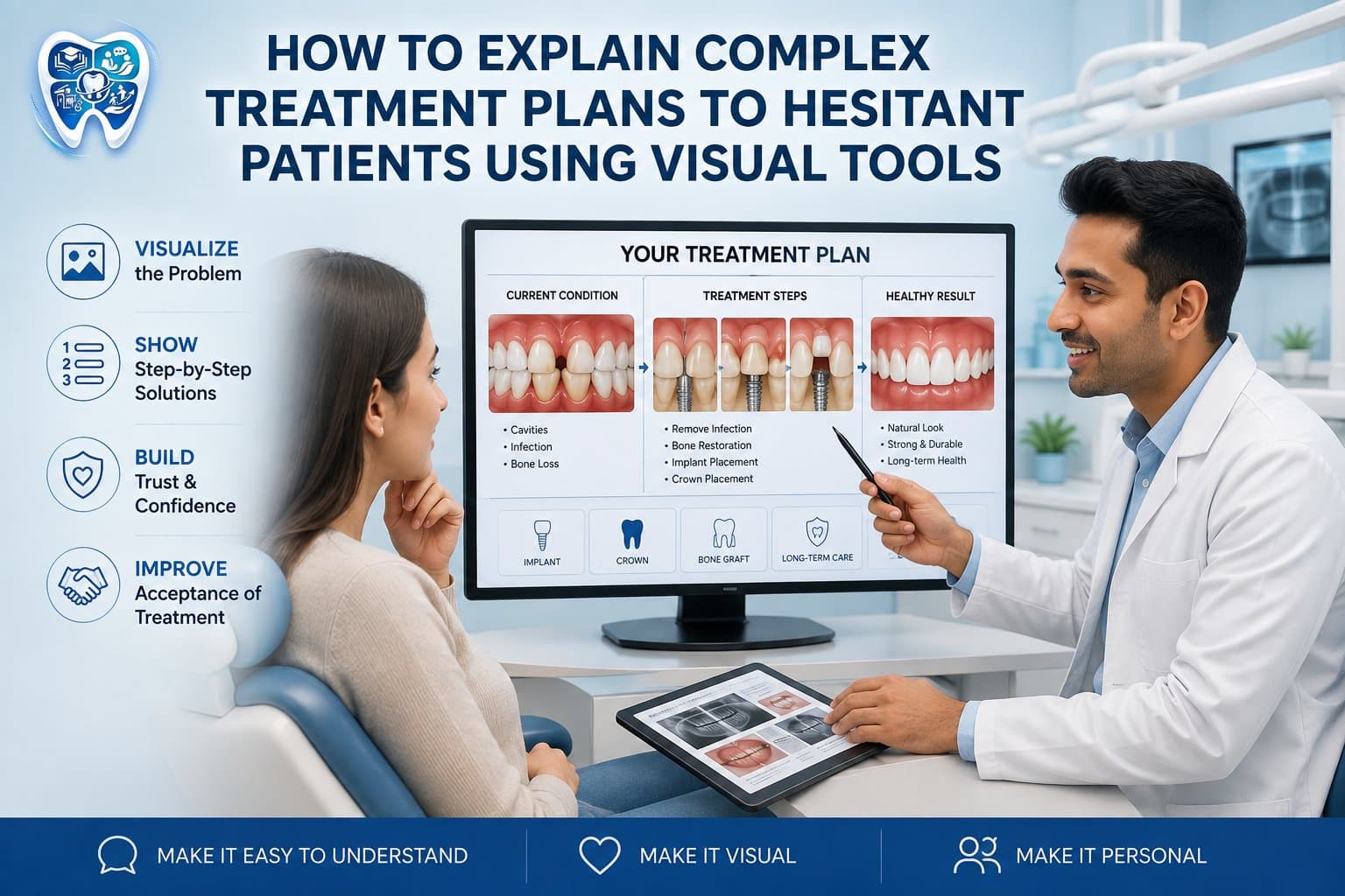 Dentist explaining a complex dental treatment plan to a hesitant patient using visual charts, dental images, and digital tools in a modern clinic.