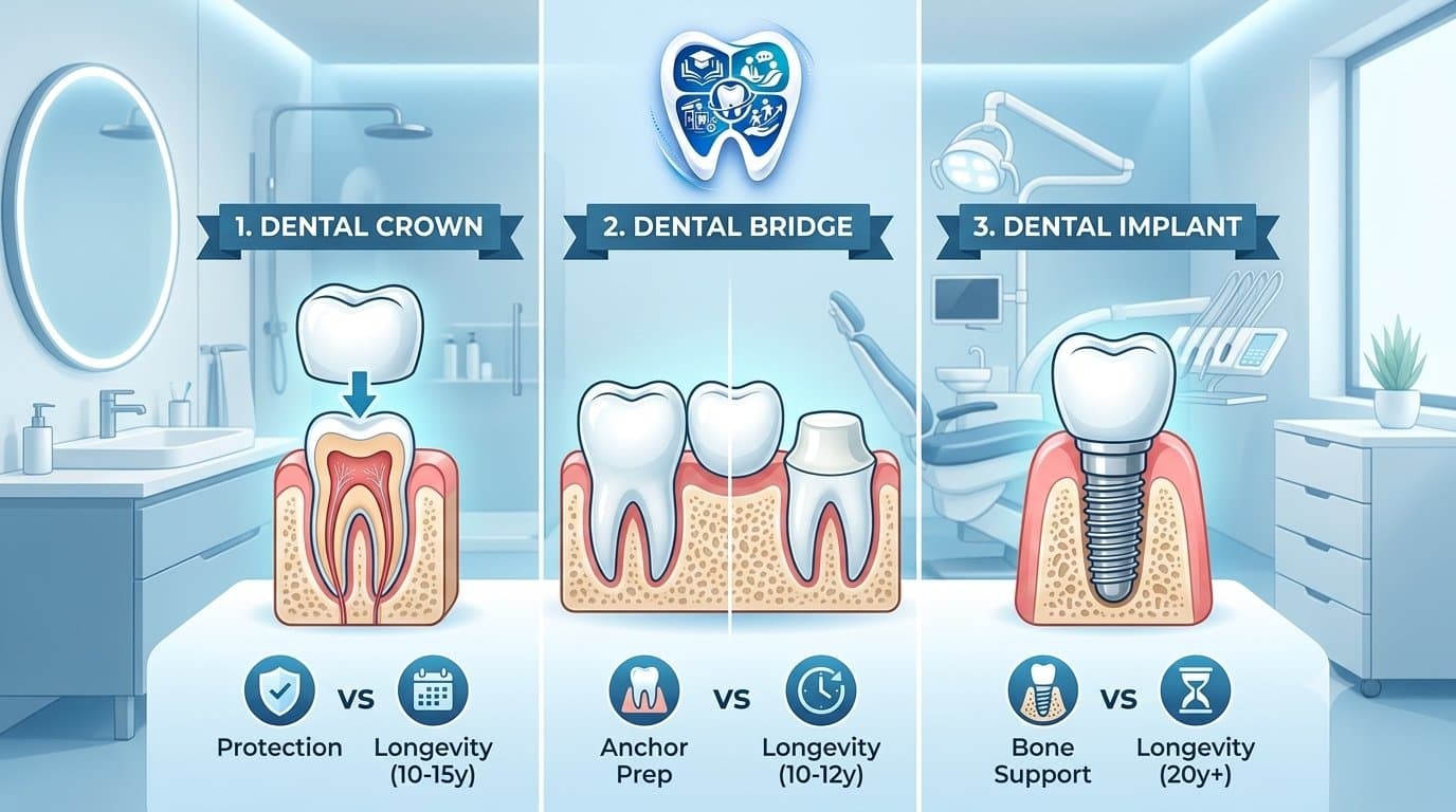 An infographic for EnamDoc comparing three dental restoration options: A Dental Crown (protective cap for a single broken tooth), a Dental Bridge (anchoring to adjacent teeth to bridge a gap), and a Dental Implant (standalone bone-integrated root replacement). Comparative charts summarize longevity, tooth structure preservation, and cost. The EnamDoc tooth shield logo is at the top center.