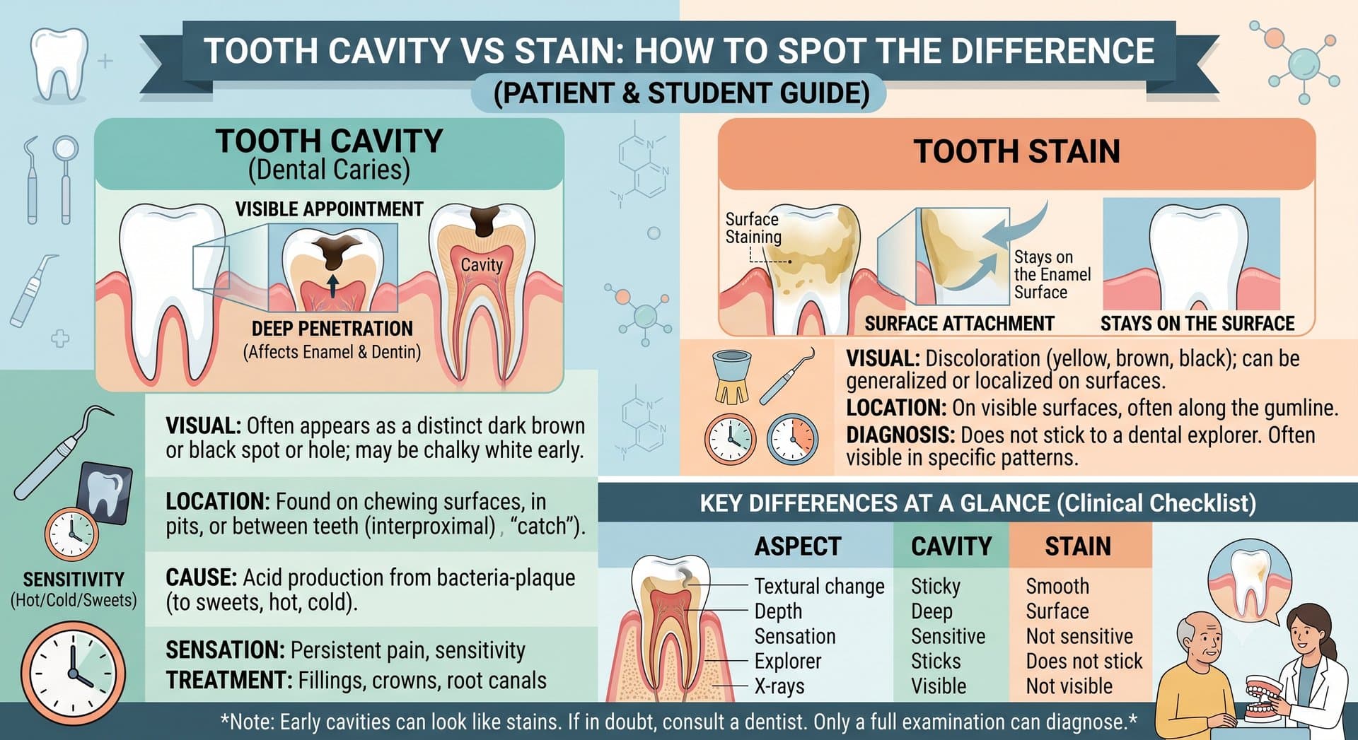 A dental educational infographic titled "Tooth Cavity vs Stain: How to Spot the Difference (Patient & Student Guide)". It features illustrative cross-sections and clinical checklists across four main sections: Tooth Cavity (Dental Caries): Illustrates a molar with "Visible Appointment" and "Deep Penetration" through enamel and dentin. A detailed list describes visual cues (dark brown/black spots or holes), location (pits or interproximal), the acid-bacterial cause, persistent sensation (hot/cold/sweet sensitivity), and treatment (fillings, crowns, root canals). A clock icon highlights sensitivity. Tooth Stain: Illustrates a front tooth with "Surface Staining" and "Surface Attachment" showing discoloration staying on the enamel surface. A list describes visible cues (yellow/brown/black discoloration), common location along the gumline, diagnosis via lack of sticking to a dental explorer, and removal through professional cleaning. A polishing cup icon represents cleaning. Key Differences at a Glance (Clinical Checklist): A comparison table with five aspects: Textural Change (Sticky vs Smooth), Depth (Deep vs Surface), Sensation (Sensitive vs Not sensitive), Explorer (Sticks vs Does not stick), and X-rays (Visible vs Not visible). Footer and Visuals: A bottom footnote reminds viewers that early cavities can look like stains and only a full exam can diagnose. The infographic includes illustrations of dental tools, teeth, clocks, and a cartoon of a clinician discussing the difference with a patient.