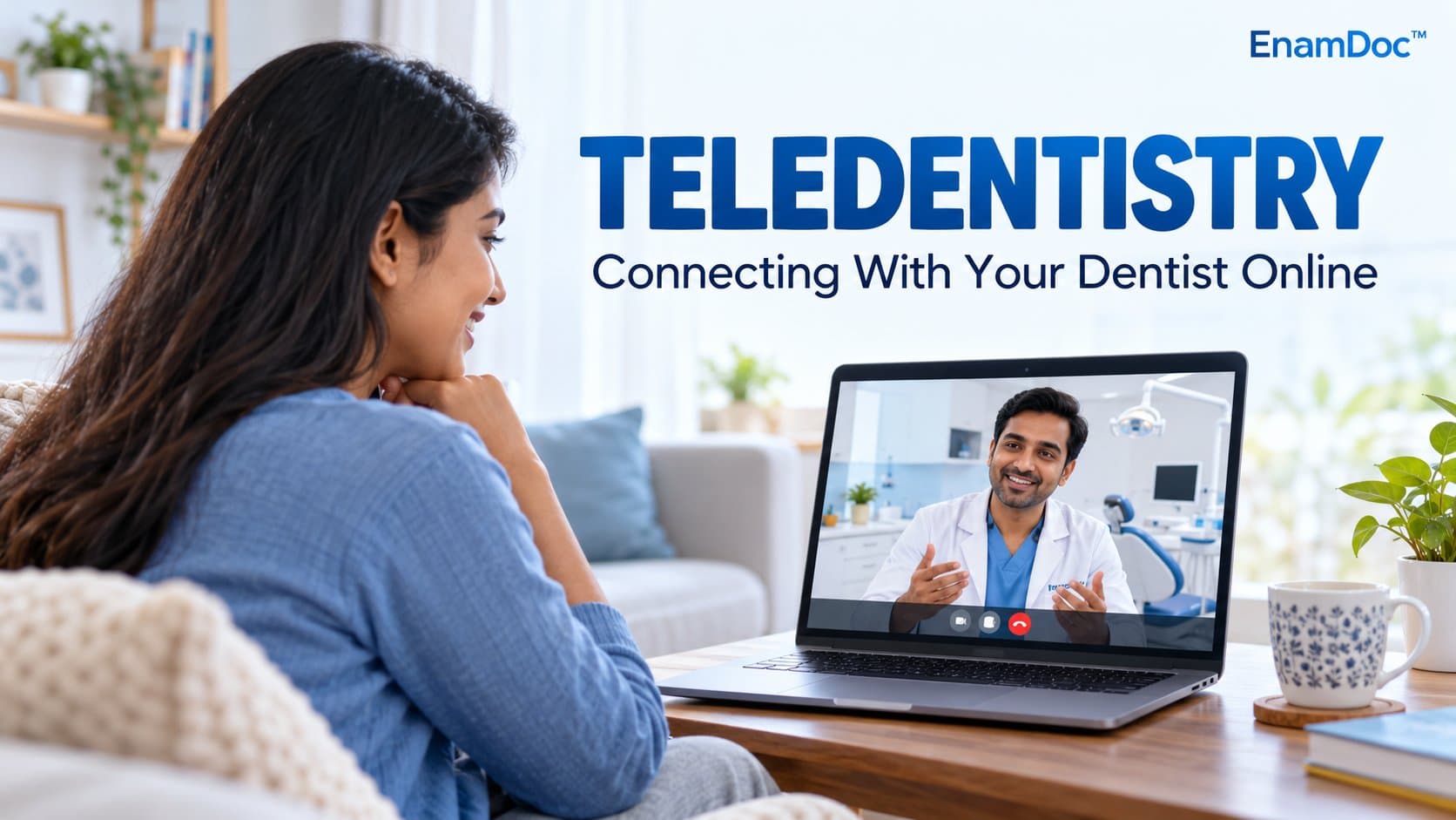 Woman consulting a dentist through a video call on her laptop at home.