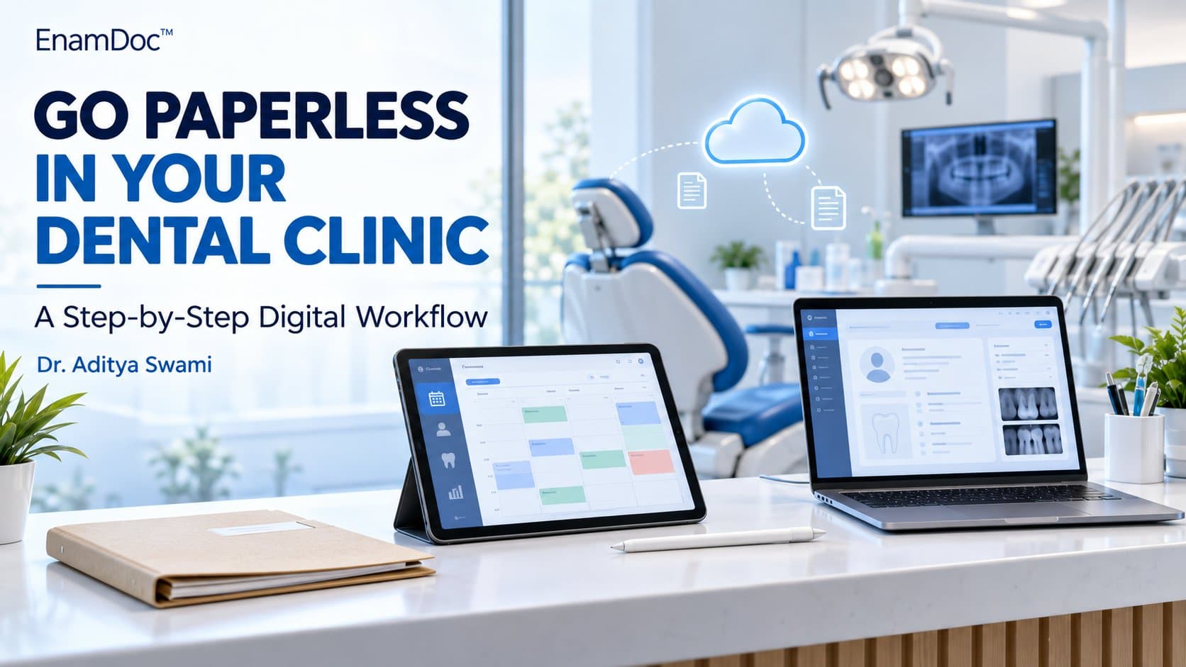 Tablet and laptop displaying digital appointment and patient record layouts in a modern dental clinic