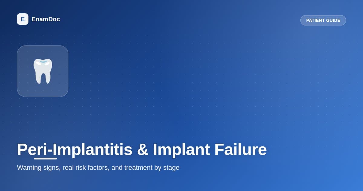 Illustration of a dental implant cross-section showing healthy bone versus bone loss from peri-implantitis