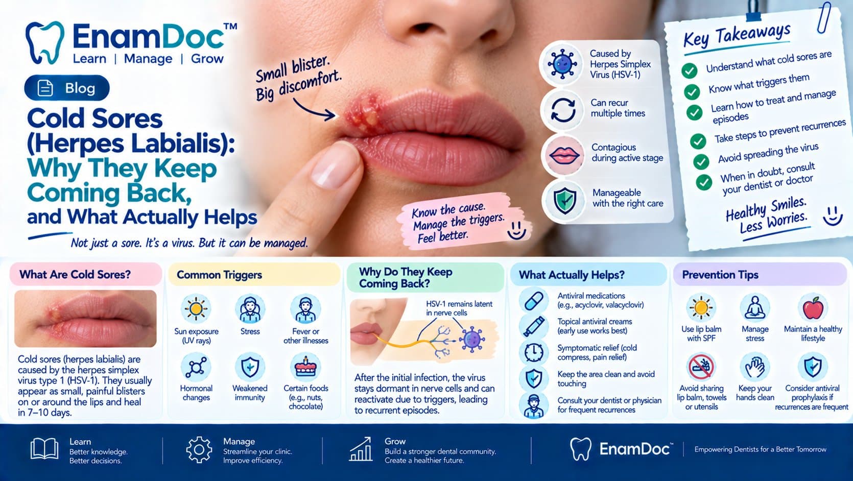 EnamDoc blog cover explaining cold sores (herpes labialis), showing a cold sore on the lip with HSV-1 information, common recurrence triggers, antiviral treatment options, symptom relief, prevention tips, and ways to reduce spreading the virus.