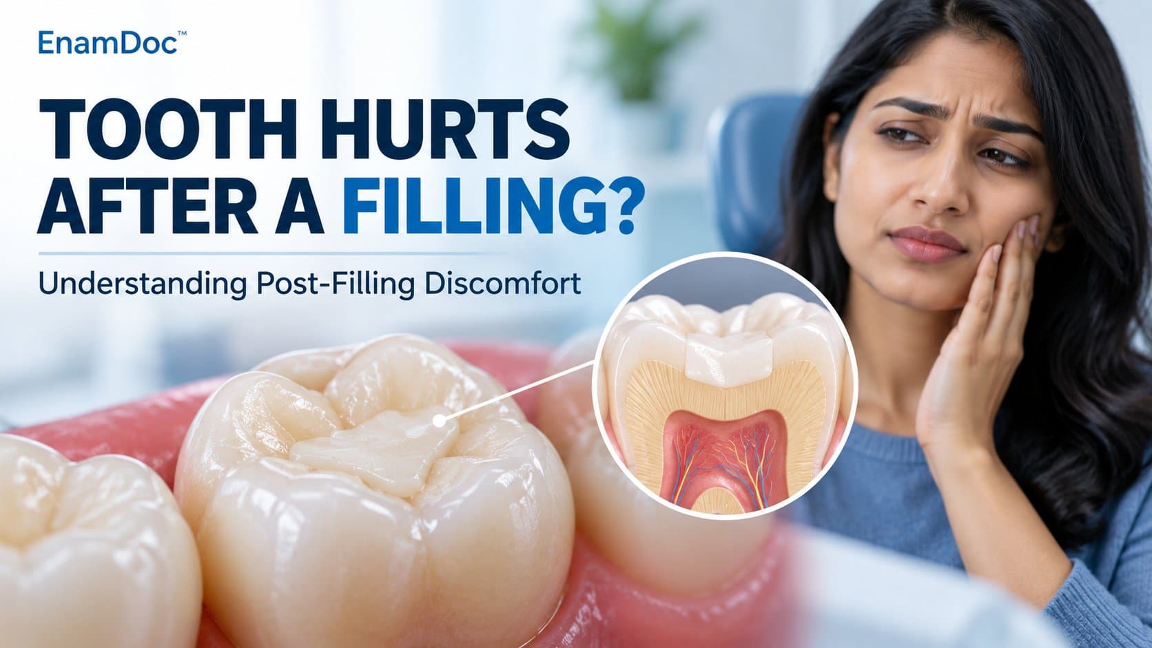 Woman touching her cheek beside a molar with a tooth-colored filling and an inset showing its internal structure.