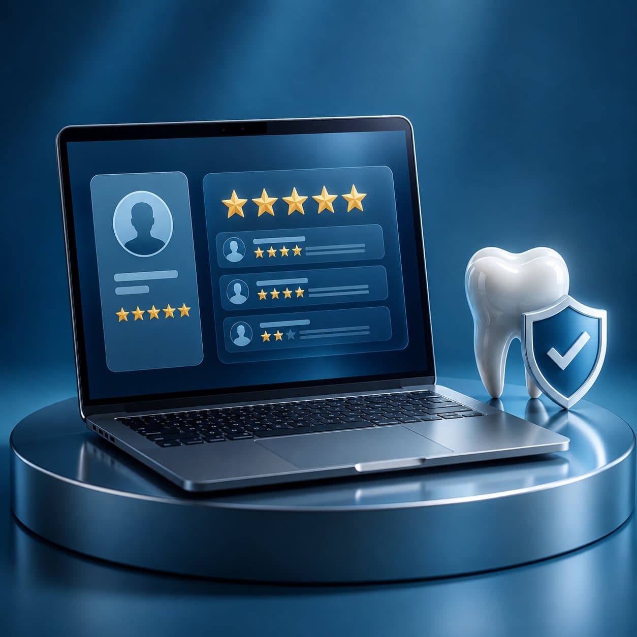 Dental practice branding concept with a laptop displaying trust and security symbols