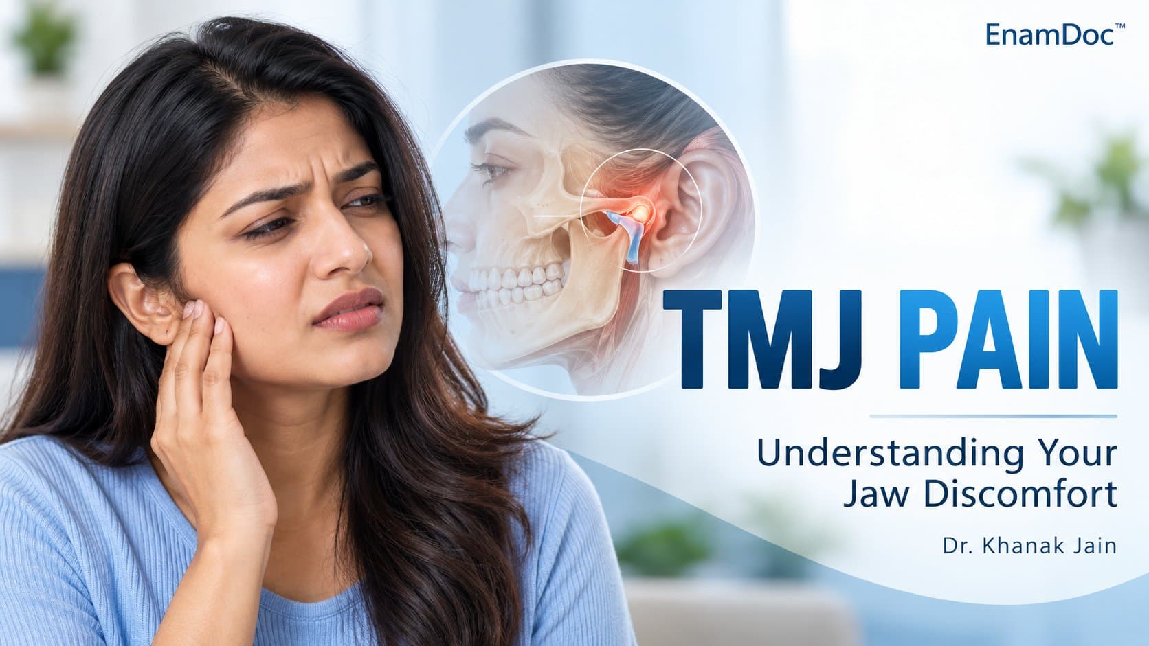 Woman touching her jaw near the ear beside an illustration highlighting the temporomandibular joint.