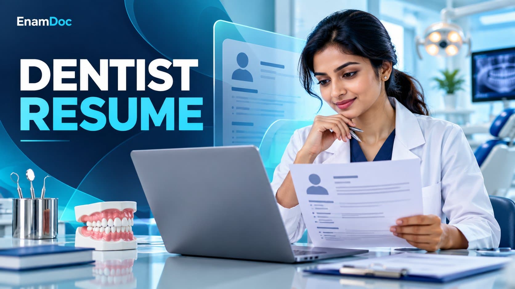Young dentist reviewing a resume beside a laptop in a dental clinic.