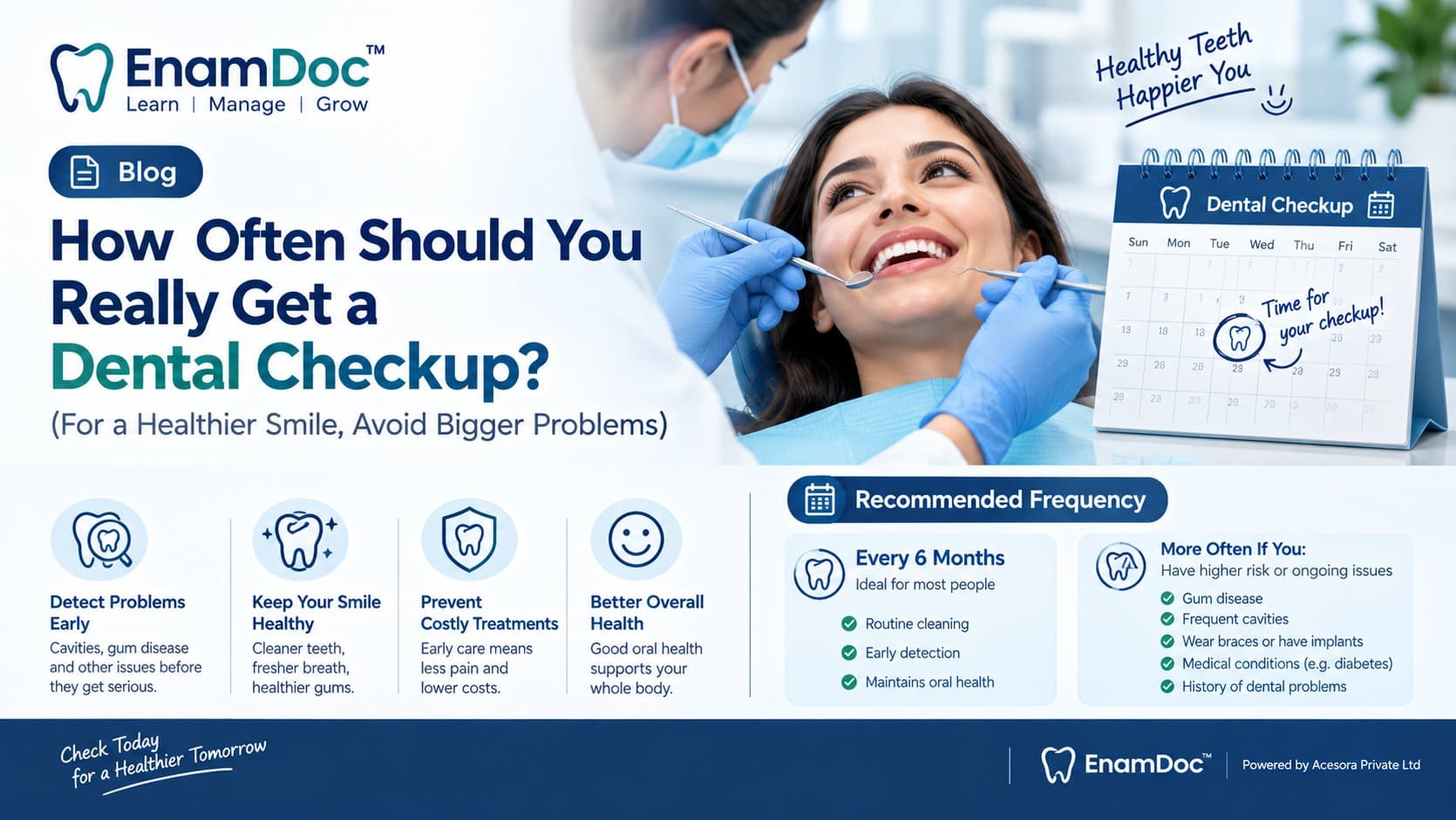 EnamDoc blog cover showing a routine dental checkup with a dentist examining a patient, a dental appointment calendar, and information about recommended checkup frequency, early detection, prevention, and maintaining oral health.