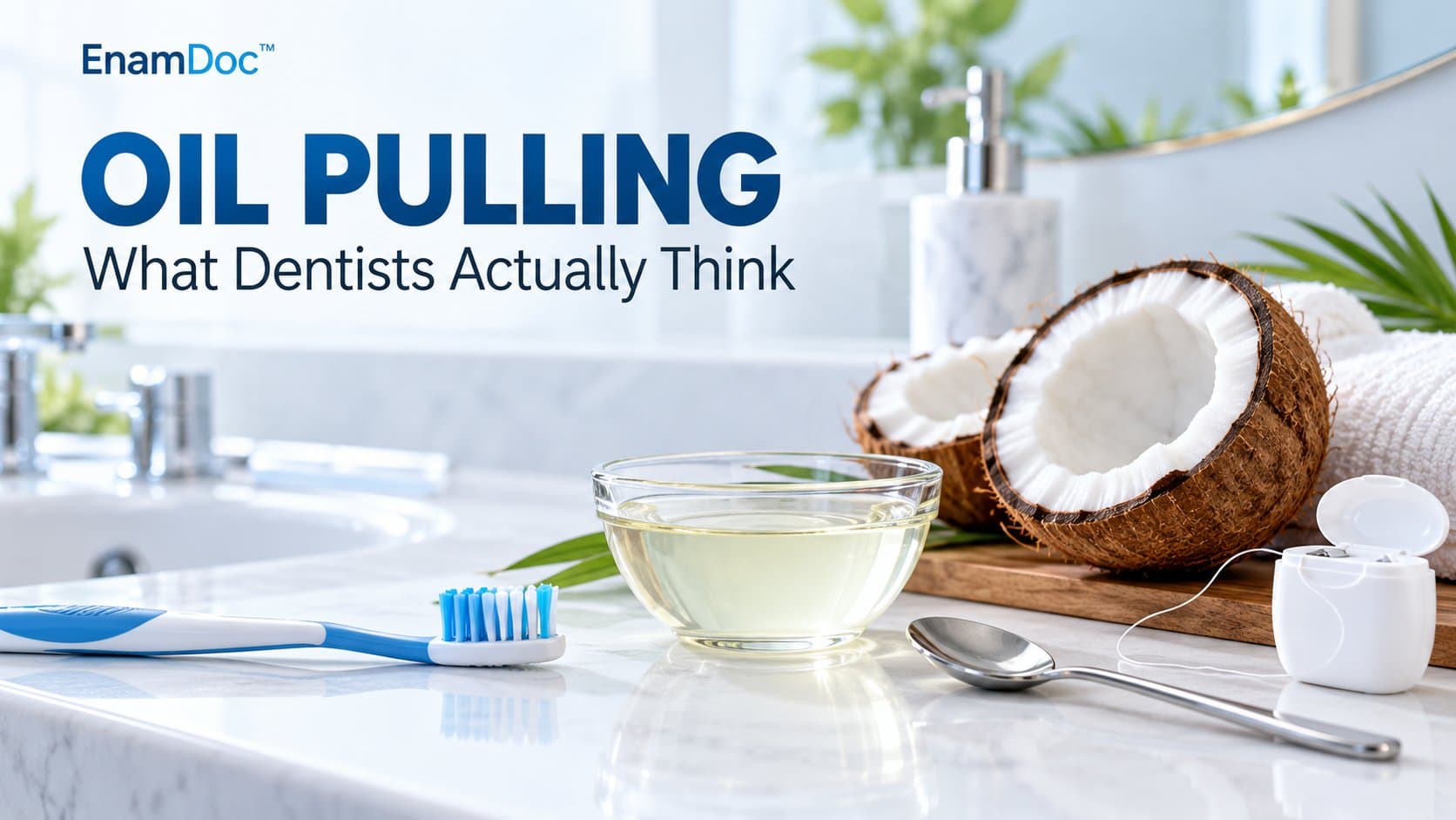 Bowl of coconut oil beside coconut halves, a spoon, toothbrush, and dental floss on a bathroom counter.