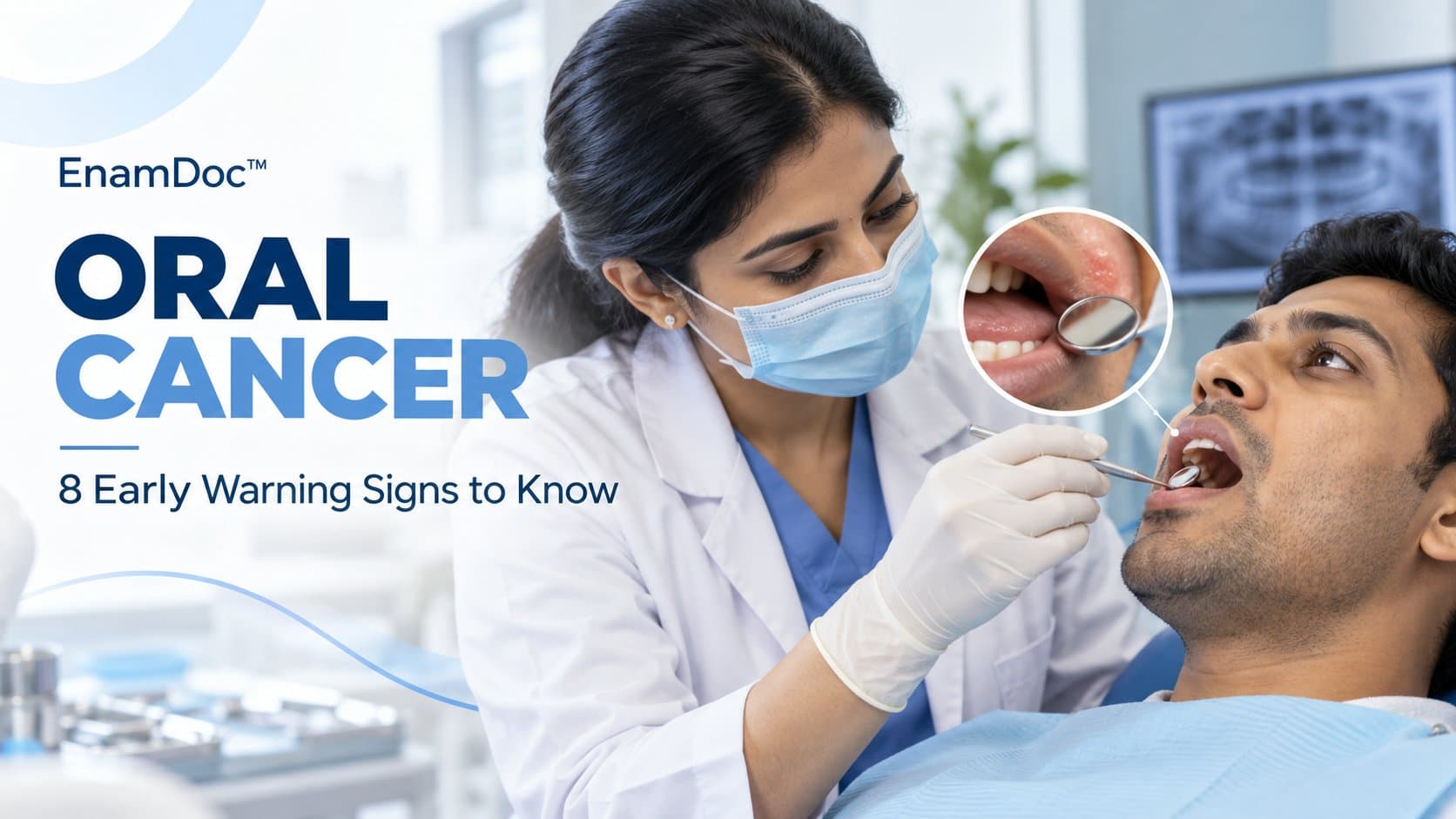 Dentist examining a patient’s mouth with a dental mirror and a magnified oral view.