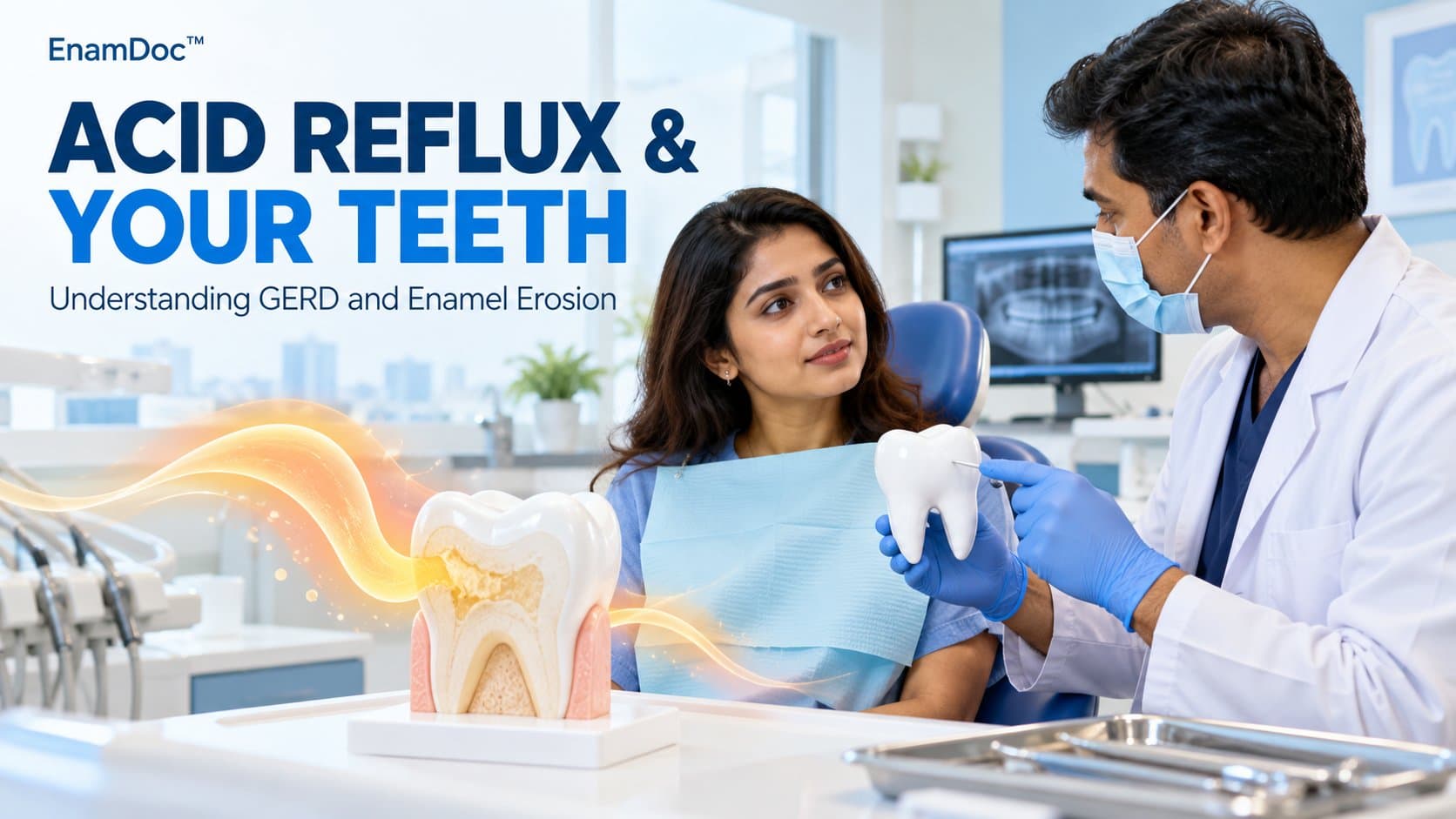 Dentist discussing enamel erosion with a patient beside a tooth illustration and flowing acid graphic.