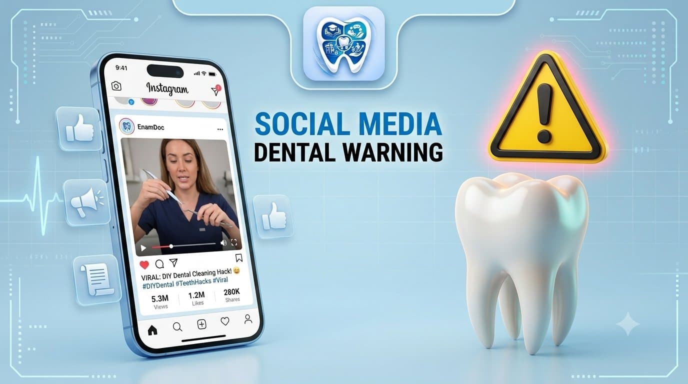 3D illustration of a smartphone showing a viral social media post next to a tooth with a caution warning symbol.