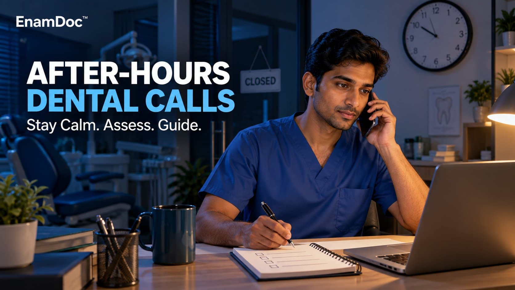 Dentist answering a phone call and taking notes at a desk in a dental clinic at night.
