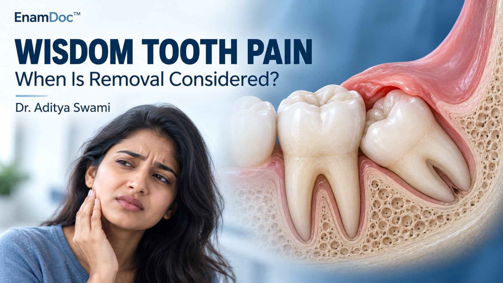 Illustration of an impacted lower wisdom tooth beside a woman holding her jaw in discomfort.