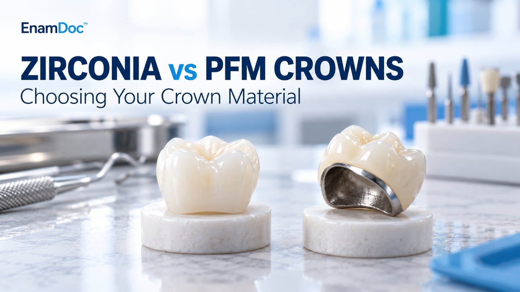Zirconia and porcelain-fused-to-metal crowns displayed side by side, with the metal interior visible in one crown.