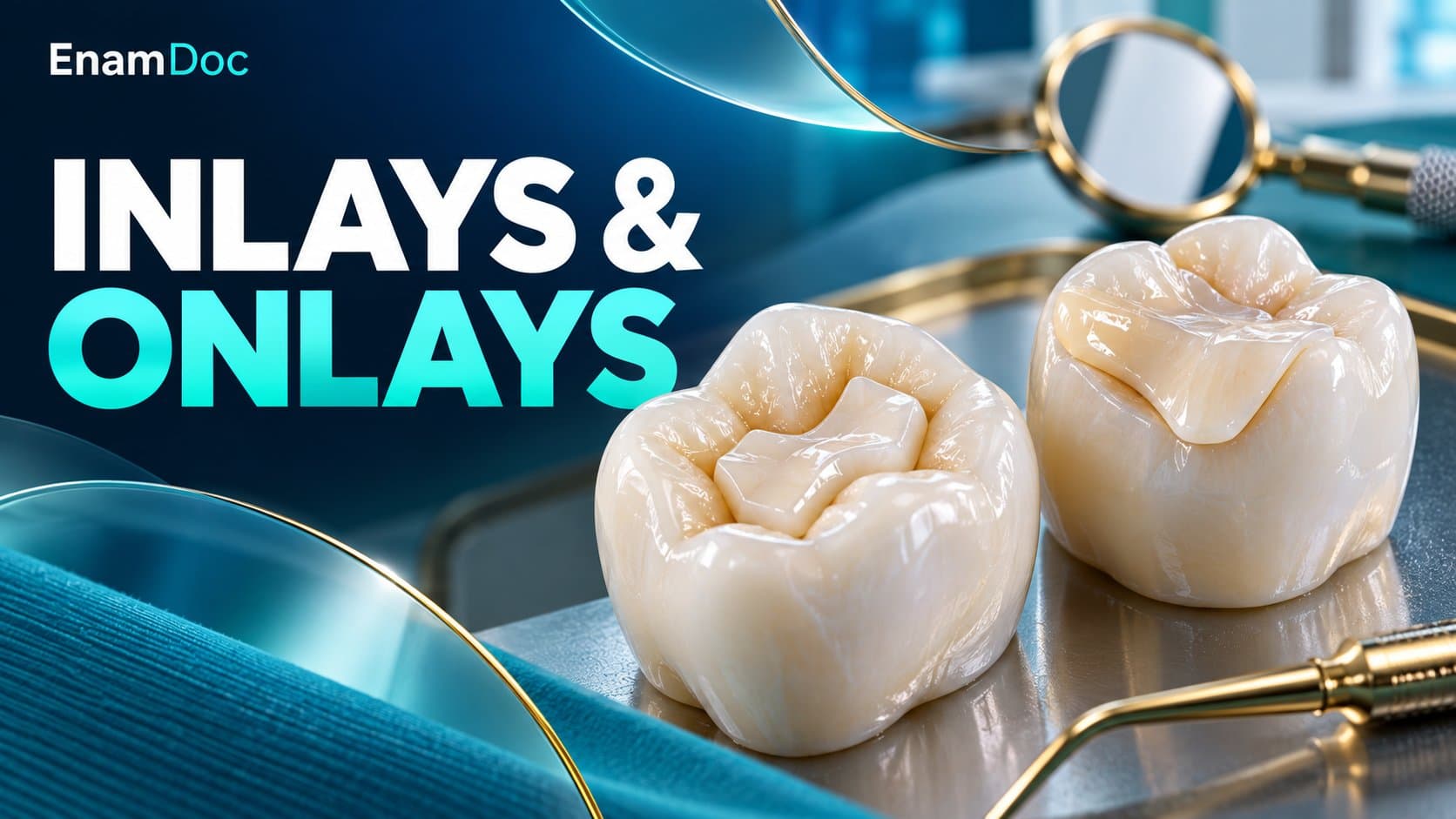Two molars showing tooth-coloured inlay and onlay restorations.
