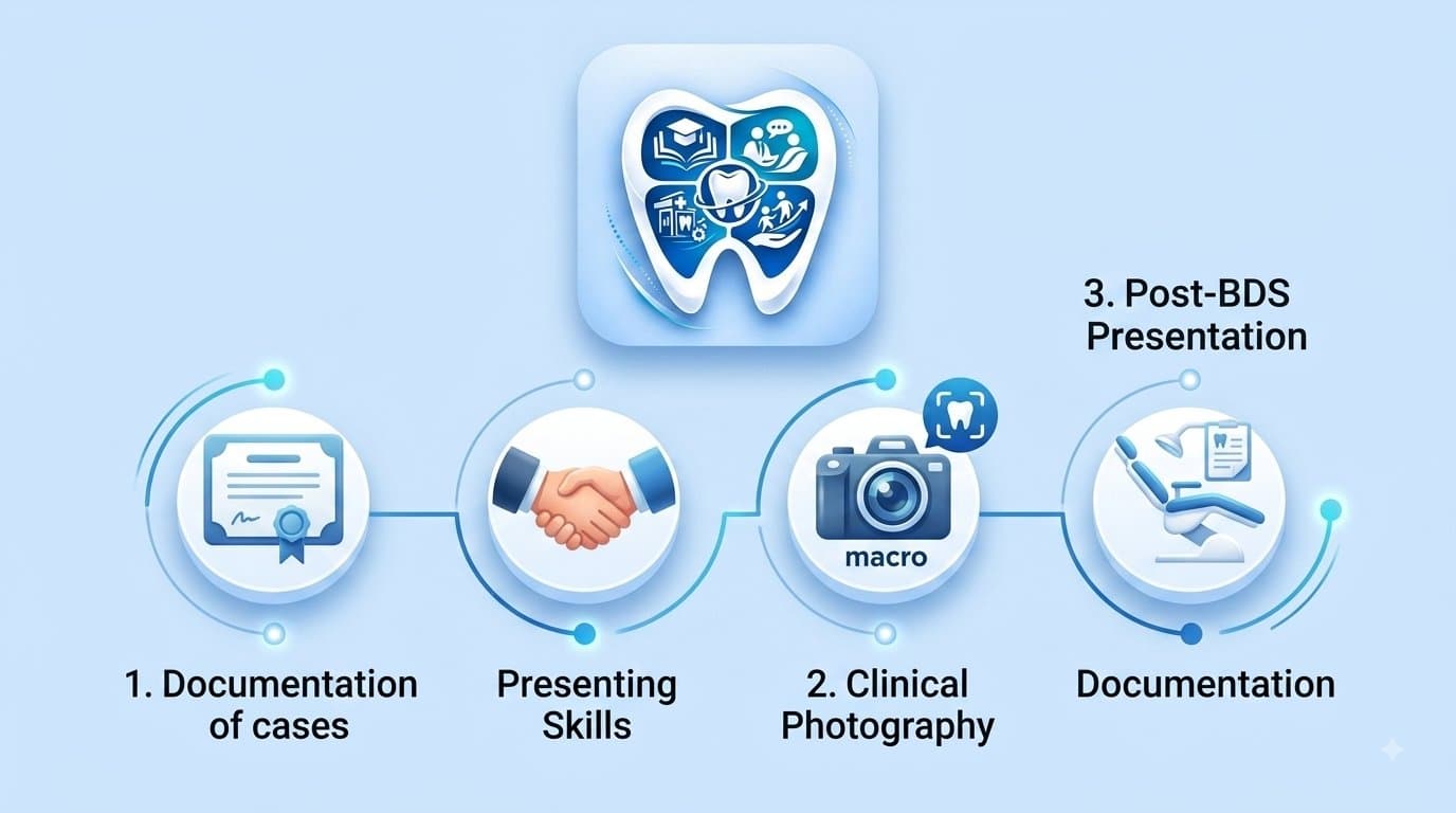 A young associate dentist reviewing a digital clinical case portfolio and dental photography on a tablet in a modern dental clinic.