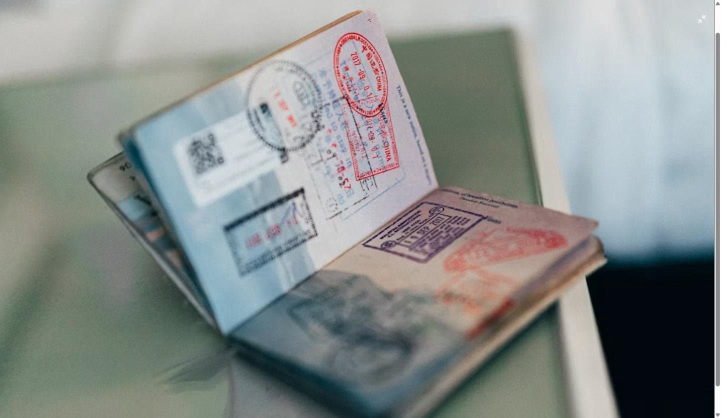 Open passport with visa and immigration stamps resting on a table, symbolising international travel