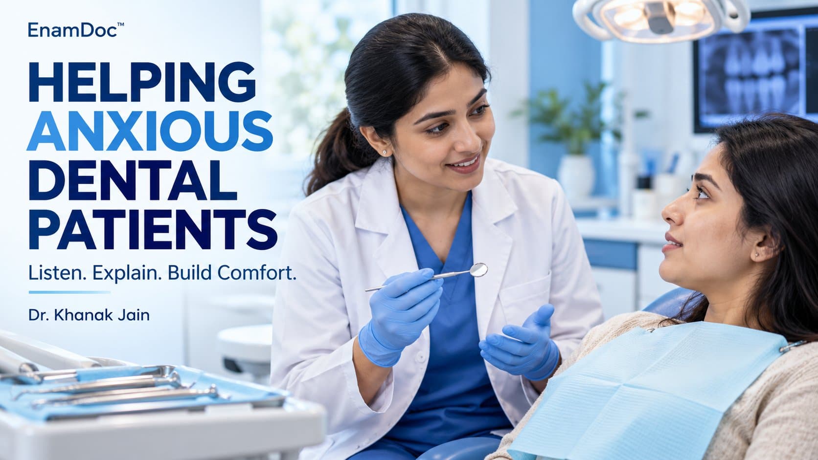 Dentist explaining dental care to a seated patient in a bright clinic.