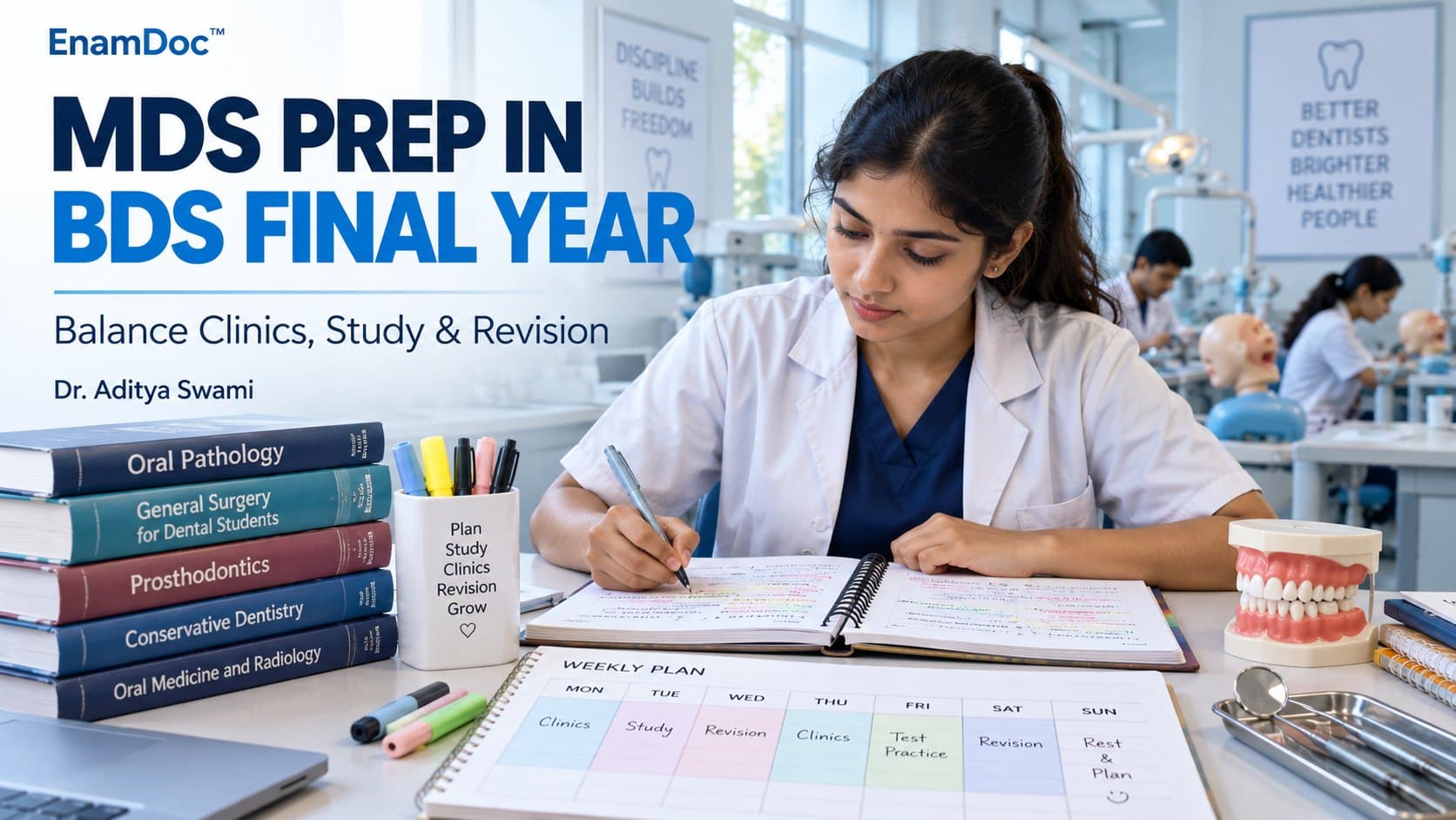 Dental student reviewing notes beside textbooks and a weekly planner in a simulation laboratory.