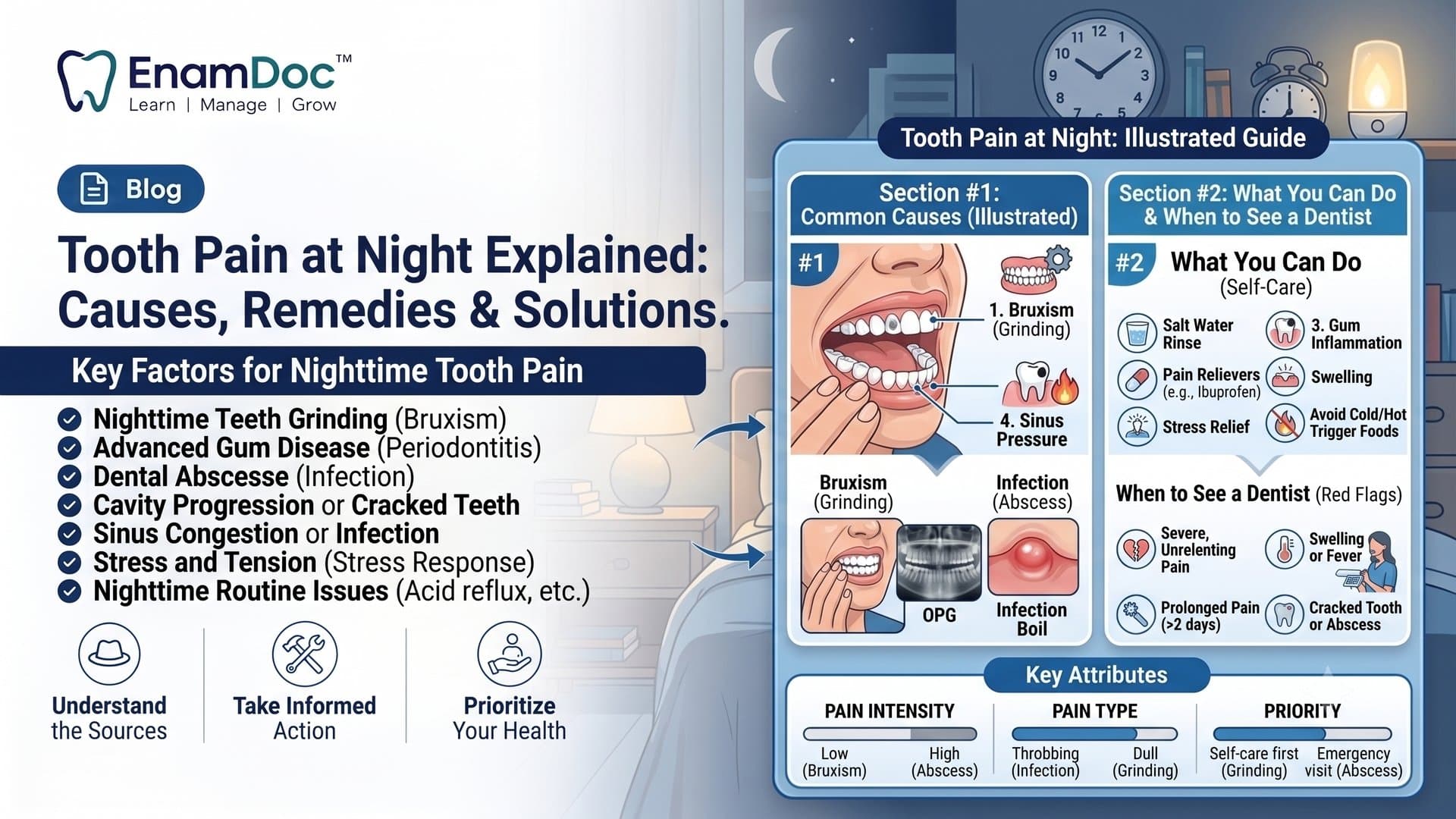 An infographic titled "Tooth Pain at Night Explained: Causes, Remedies & Solutions" with the EnamDoc logo in the upper left. The image is split into a text-based overview on the left and an illustrated guide on the right. The left side features a "Blog" icon and a checklist of "Key Factors for Nighttime Tooth Pain": • Nighttime Teeth Grinding (Bruxism) • Advanced Gum Disease (Periodontitis) • Dental Abscesse (Infection) • Cavity Progression or Cracked Teeth • Sinus Congestion or Infection • Stress and Tension (Stress Response) • Nighttime Routine Issues (Acid reflux, etc.) Below the list are three icons with text: "Understand the Sources," "Take Informed Action," and "Prioritize Your Health." The right side, set against a nighttime bedroom background with clocks and lamps, is labeled "Tooth Pain at Night: Illustrated Guide." It is divided into two numbered sections: Section #1: Common Causes (Illustrated): • An illustration shows a hand touching a jaw. Call-outs point to an open mouth showing: 1. Bruxism (Grinding), 3. Gum Inflammation, and 4. Sinus Pressure. • Small illustrations differentiate "Bruxism (Grinding)" showing jaw clenching, and "Infection (Abscess)" featuring an X-ray (OPG) and an "Infection Boil." Section #2: What You Can Do & When to See a Dentist: • "What You Can Do (Self-Care)" lists items with icons: Salt Water Rinse, Pain Relievers (e.g., Ibuprofen), Stress Relief, Avoid Cold/Hot Trigger Foods, 3. Gum Inflammation, Swelling. • "When to See a Dentist (Red Flags)" features icons for: Severe, Unrelenting Pain, Prolonged Pain (>2 days), Swelling or Fever, Cracked Tooth or Abscess. At the bottom right, a "Key Attributes" section provides a comparison chart with three bars for Pain Intensity, Pain Type, and Priority, categorizing issues like Bruxism (low intensity, dull, self-care priority) and Abscess (high intensity, throbbing, emergency priority).