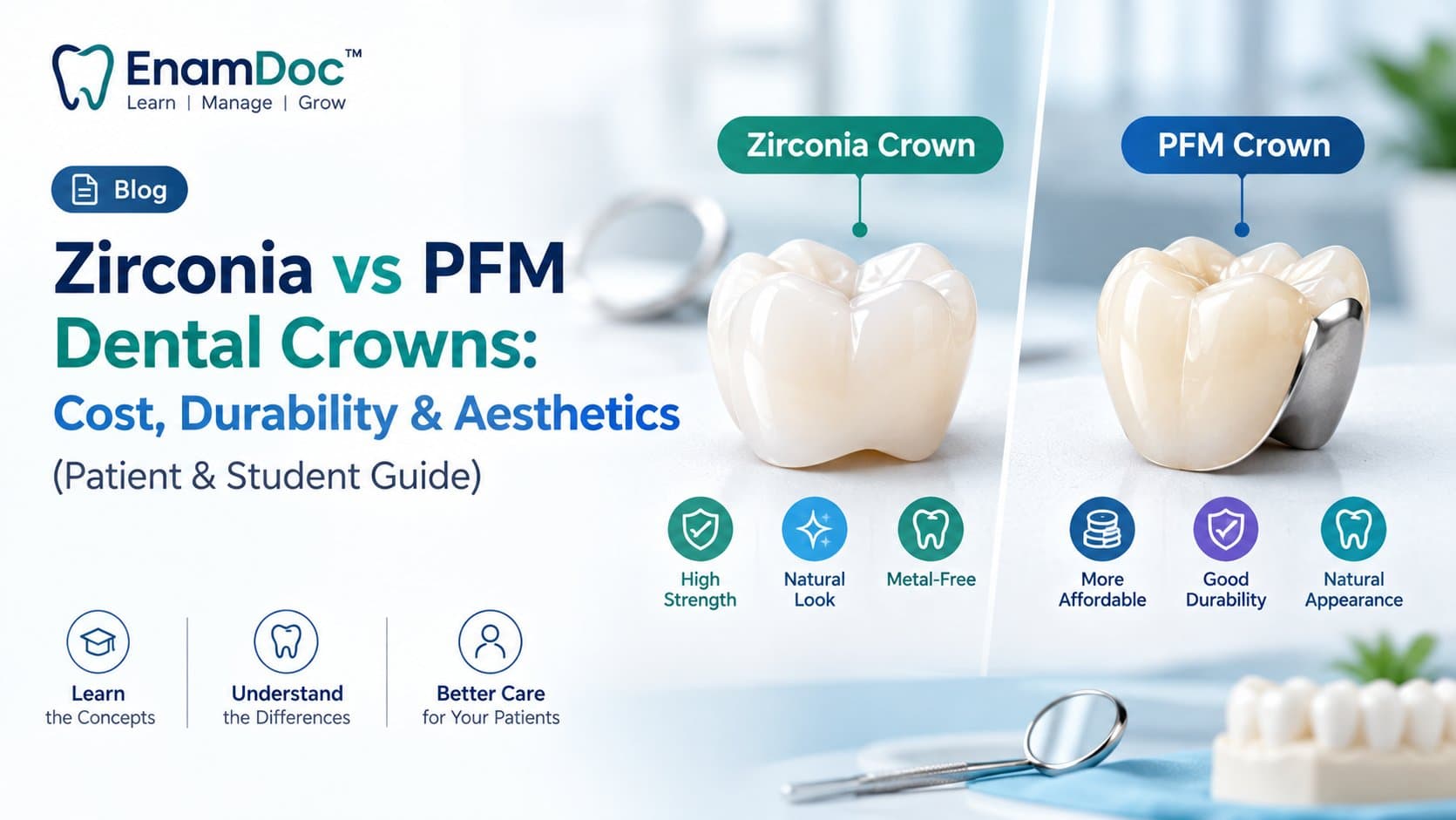 EnamDoc blog cover comparing zirconia and PFM dental crowns, highlighting cost, durability, aesthetics, strength, natural appearance, and metal-free benefits for patients and dental students.