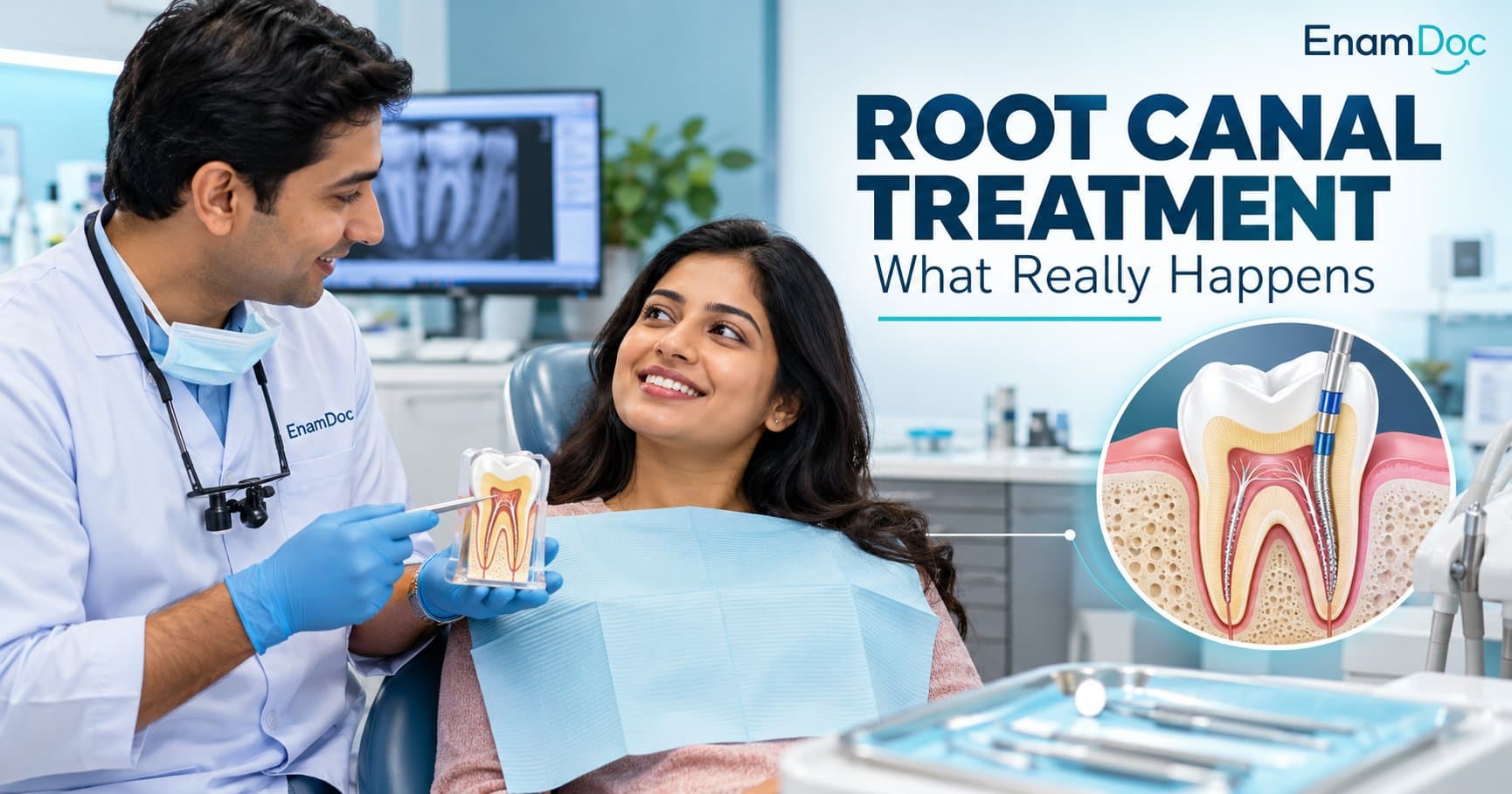Dentist explaining root canal treatment to a patient using a tooth model, with a tooth cross-section illustration alongside.