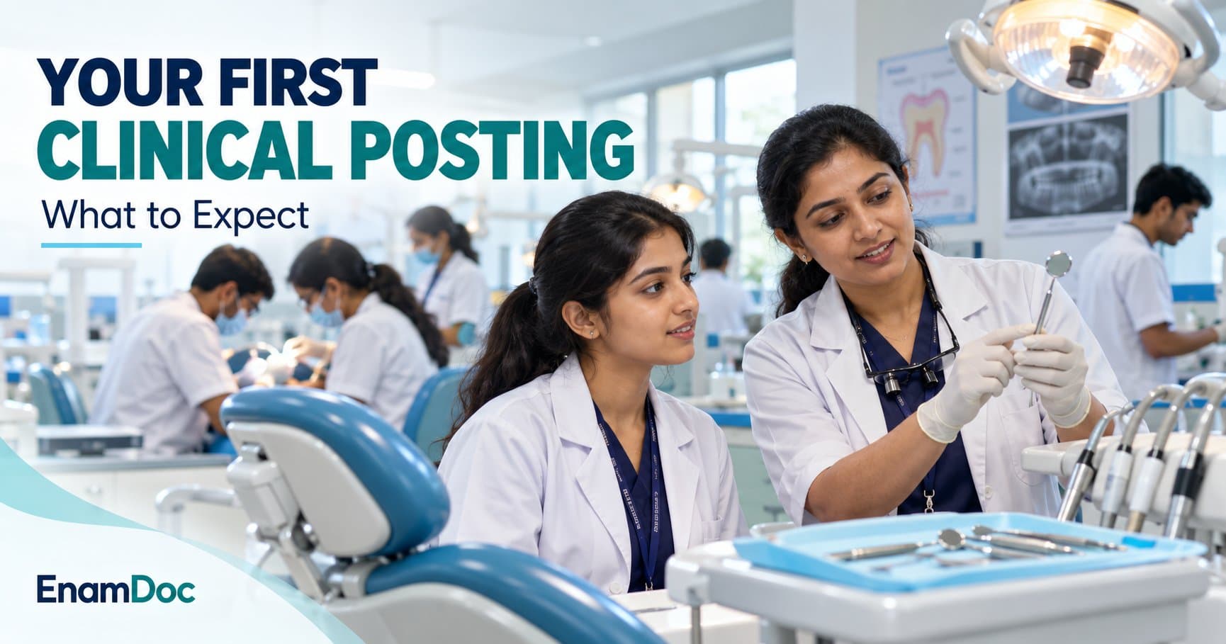 Dental college supervisor showing a student a dental instrument beside a treatment chair.