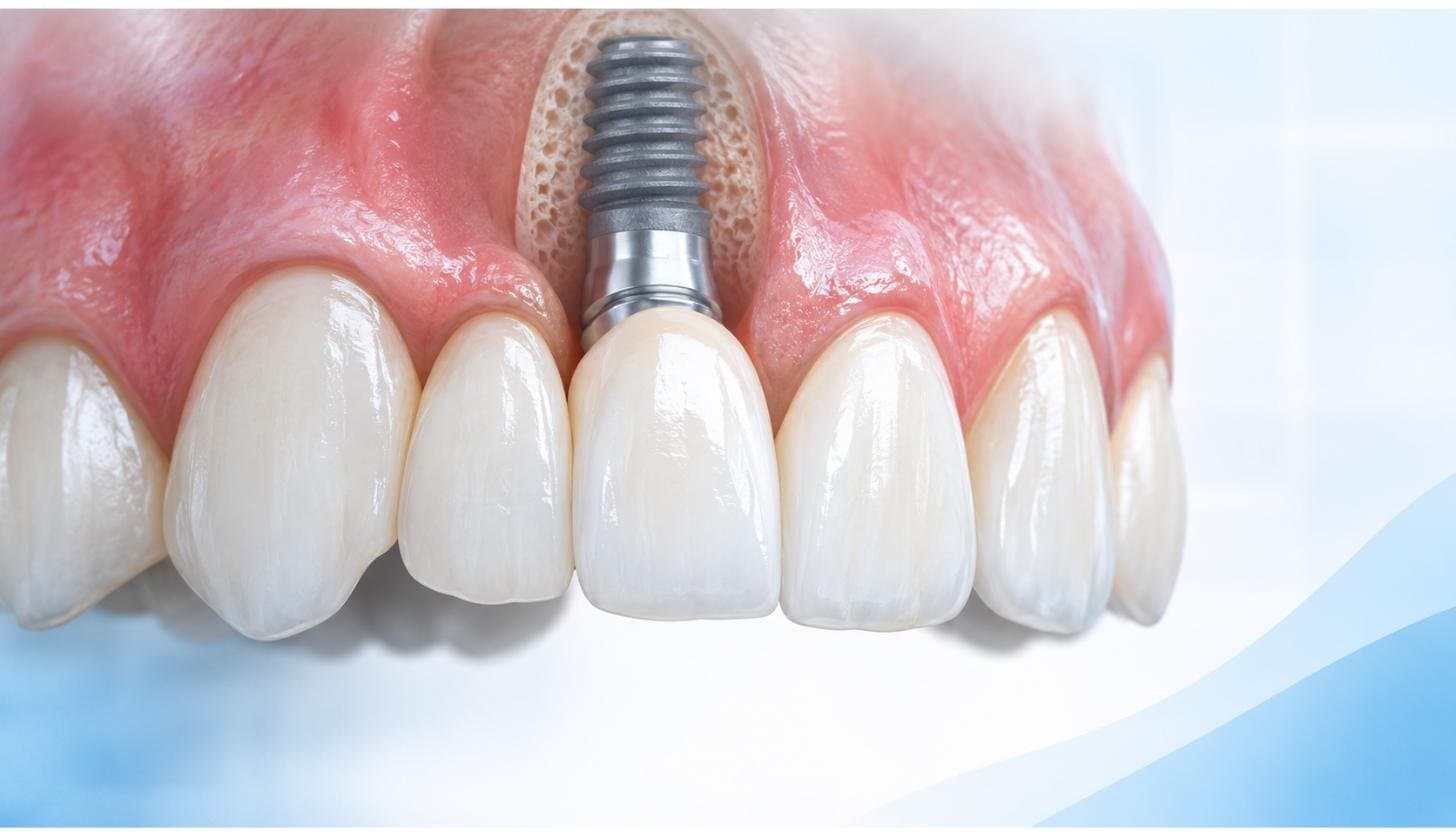 Close-up of a single dental implant crown seamlessly matching adjacent natural front teeth