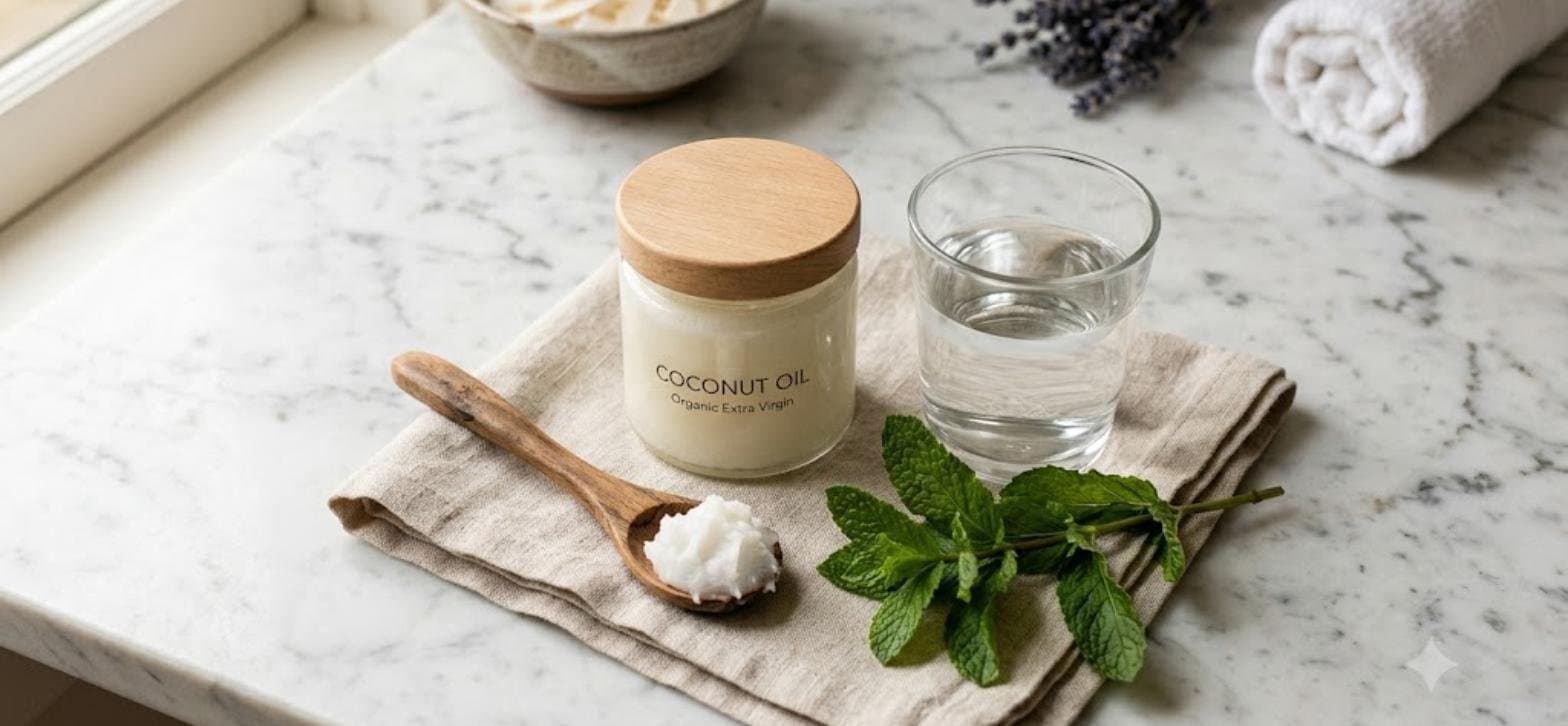 Overhead flatlay of a coconut oil jar, wooden spoon, water glass and mint for oil pulling
