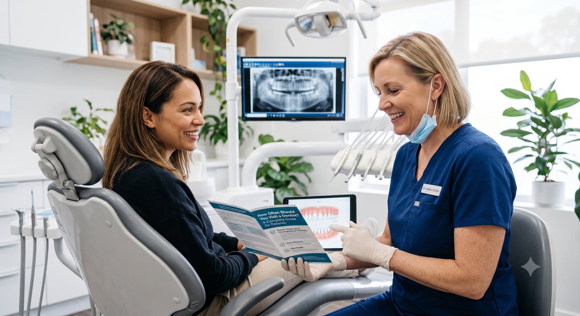 A smiling dentist in navy blue scrubs and gloves holds an informational brochure titled "How Often Should You Visit a Dentist? A Complete Guide for Patients" and points to a dental diagram on a tablet while discussing oral health with a patient seated in a dental examination chair, in a modern clinic with an X-ray screen in the background.