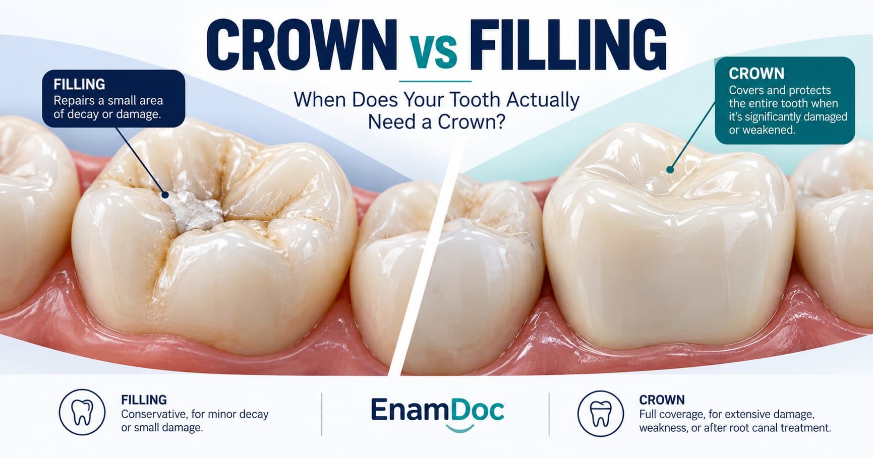 Side-by-side dental illustration comparing a molar with a small filling and a molar covered by a crown.