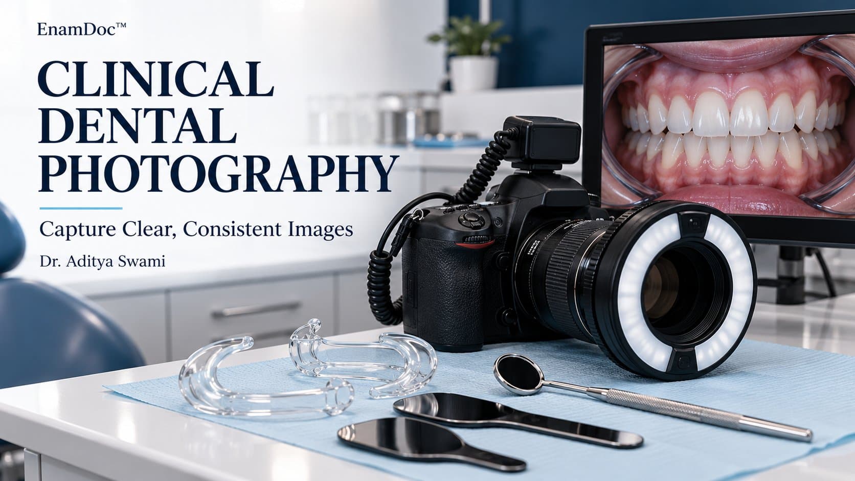 Camera with a macro lens and ring flash beside dental mirrors and retractors, with an intraoral photograph on a monitor.